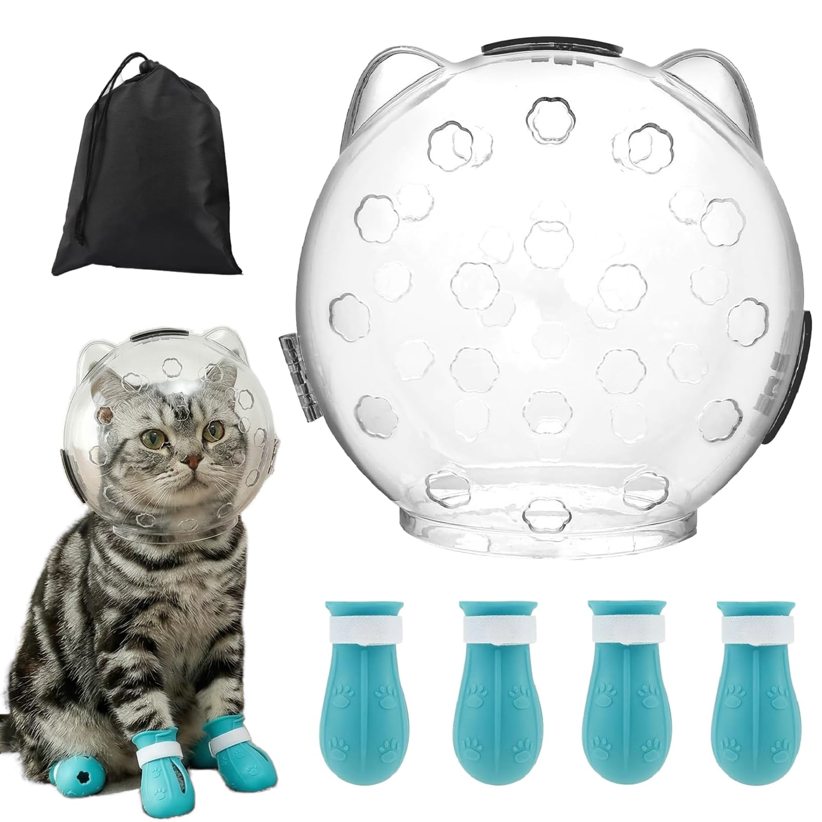 Cat Bubble Muzzle with 4 Boots, Transparent Astronaut Helmet for Cats & Dogs – Adjustable Pet Cone Collar, Anti-Lick Cats Muzzle | Soft Protective Cat Recovery Collar (L)