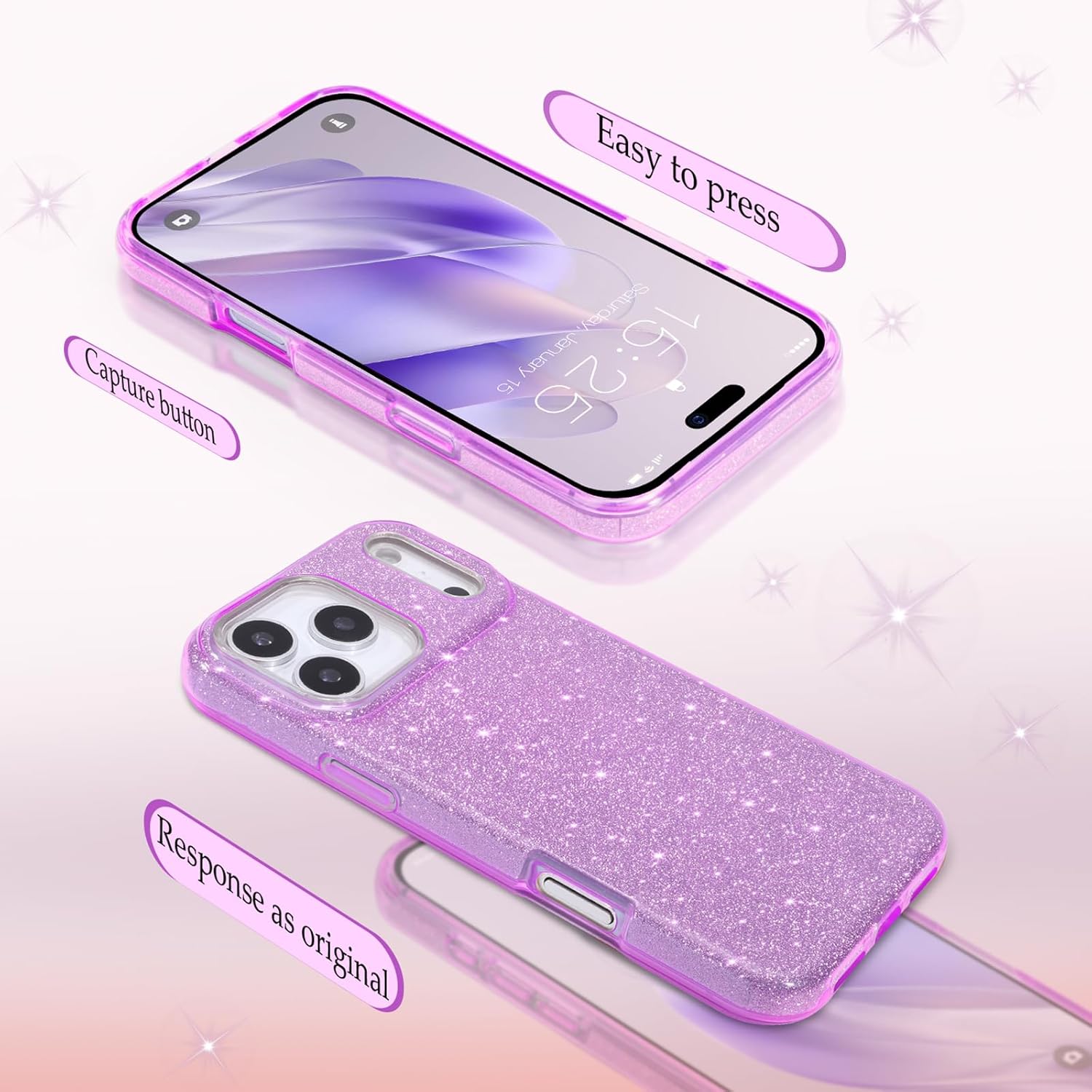 MILPROX Compatible for iPhone 17 Pro Max Glitter Case 6.9 inch, Stylish Luxury Sparkle Shiny Bling Sparkly Case Design for Women Girls, Girly Fashion Chic 3 Layers Bumper Cover - Purple - Image 5