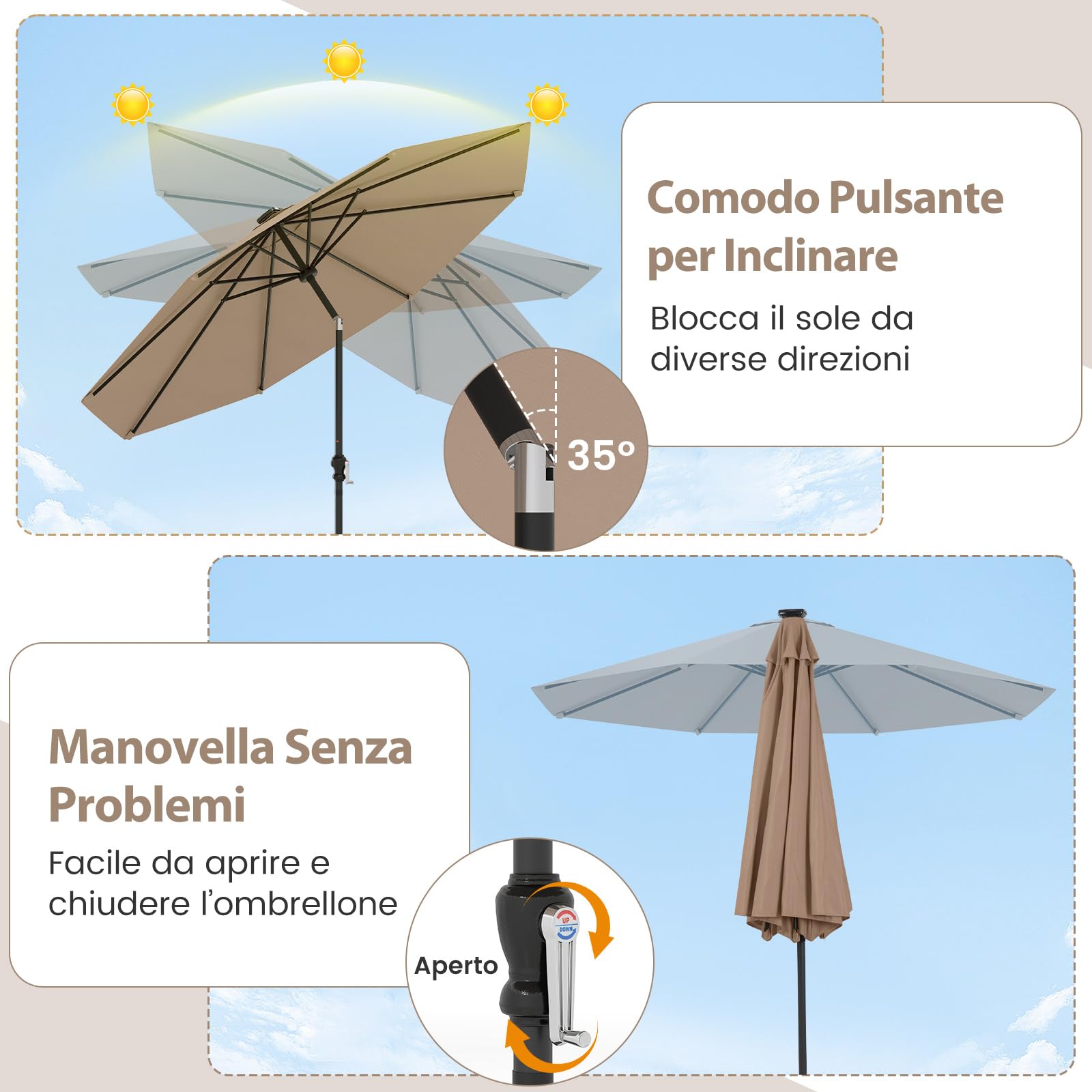 COSTWAY Ombrellone da Esterno 288 cm, con 96 Luci LED, Ombrellone Giardino con Inclinazione Regolabile, Manovella, 8 Stecche e Top Ventilato, Parasole da Mercato per Giardino Spiaggia (Marrone)