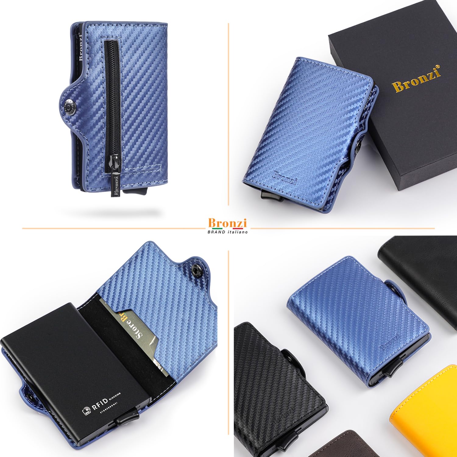 Bronzi Nuovo Portafoglio Porta Carte Credito - Portafoglio Uomo Donna Slim Portacarte - Mini Porta Tessere - Protezione RFID Portatessere Carbon - Design Smart Italiano (Blu)