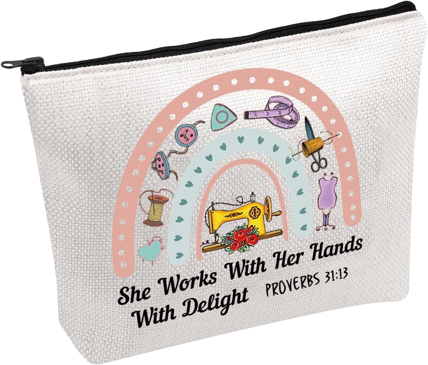PWHAOO Sewing Machine Makeup Bag She Works With Her Hands With Delight Proverbs 31:13 Cosmetic Bag Sewing Lover Gift (Sewing She Works B)