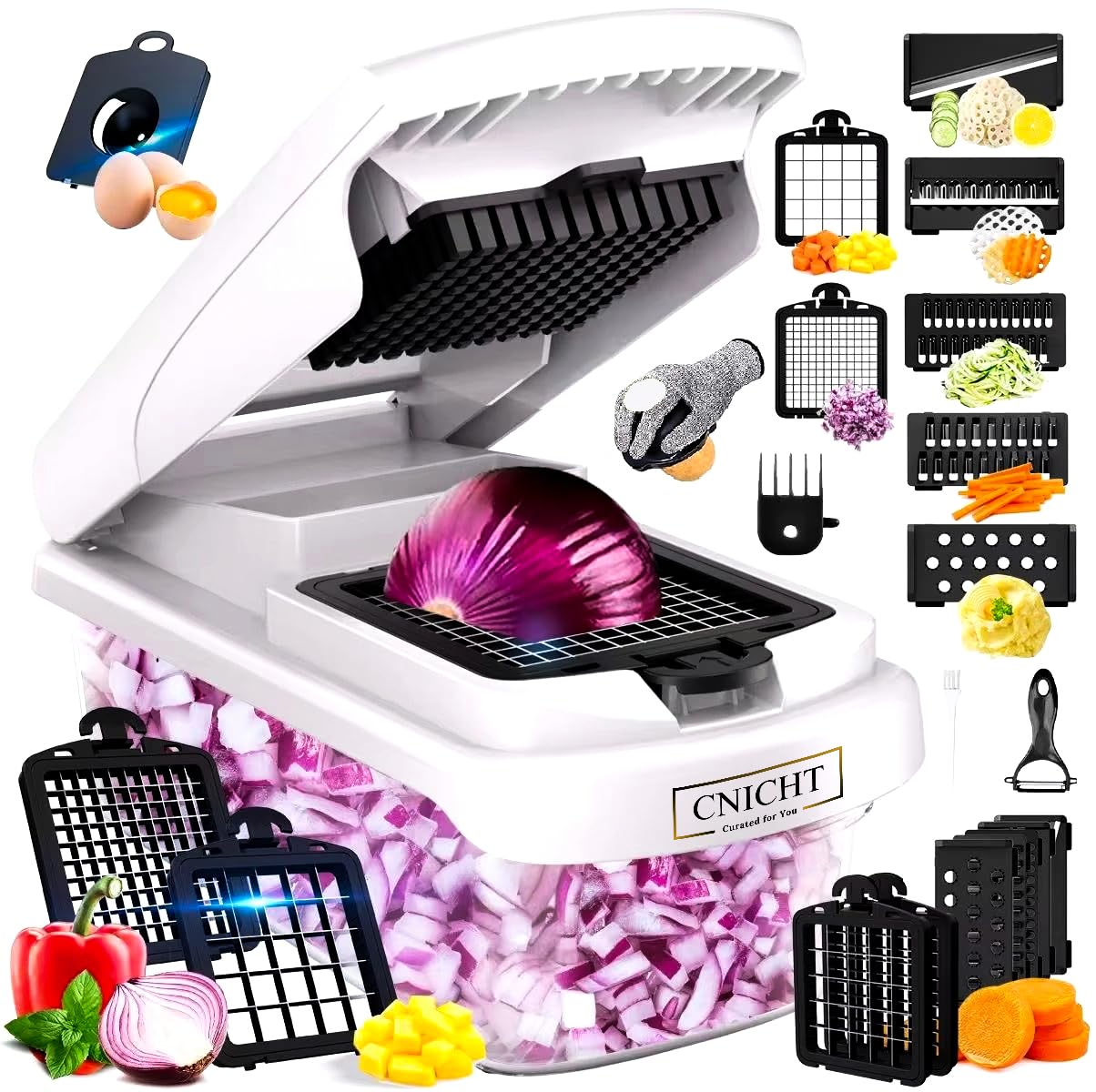 17-in-1 Vegetable Chopper Veg Dicer Cutter with 7 Rust-Resistant Blades – Veggie Food Salad Chopper Manual, Onion Slicer with Container, Easy to Clean
