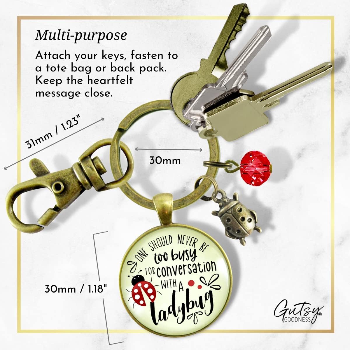 Gutsy Goodness Ladybug Keychain Never Too Busy Friendship Quote Gardener Jewelry