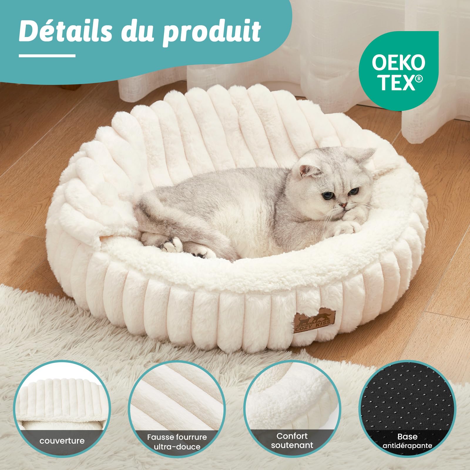 COZY KISS Lit pour Chat avec Couverture 50x50x15cm - Panier Lavable Chat d’Intérieur, Coussin-Canapé Rond à Fond Antidérapant, Coussin Douillet et Apaisant avec Repose-Tête en Fausse Fourrure, Crème
