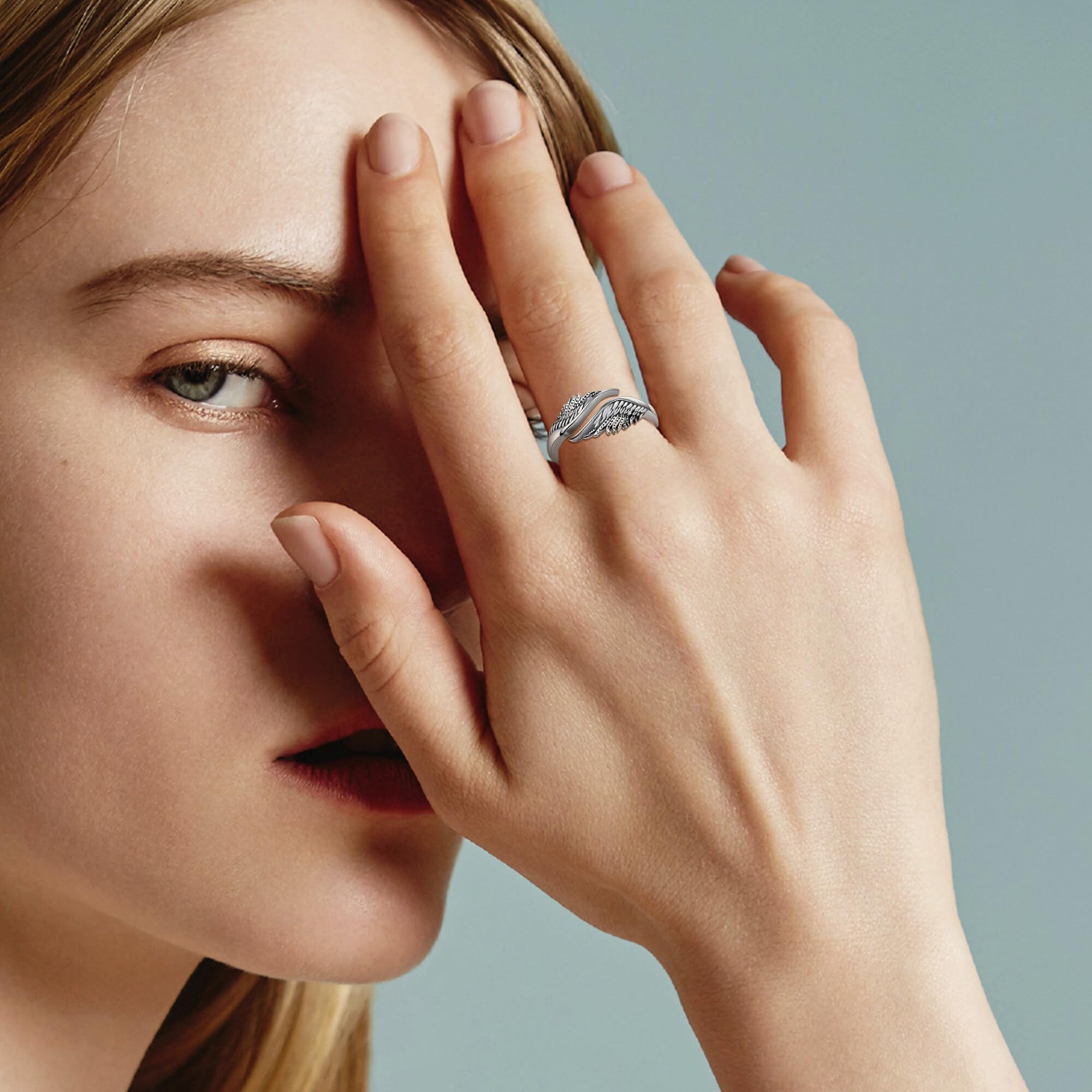 DAYLINLOVE Engelsflügel Ring 925er Sterling Silber Feder Engelsflügel Verstellbarer Offener Daumen Ring Engel Christlicher Religiöser Jahrestag Schmuck Geschenke Damen Mädchen