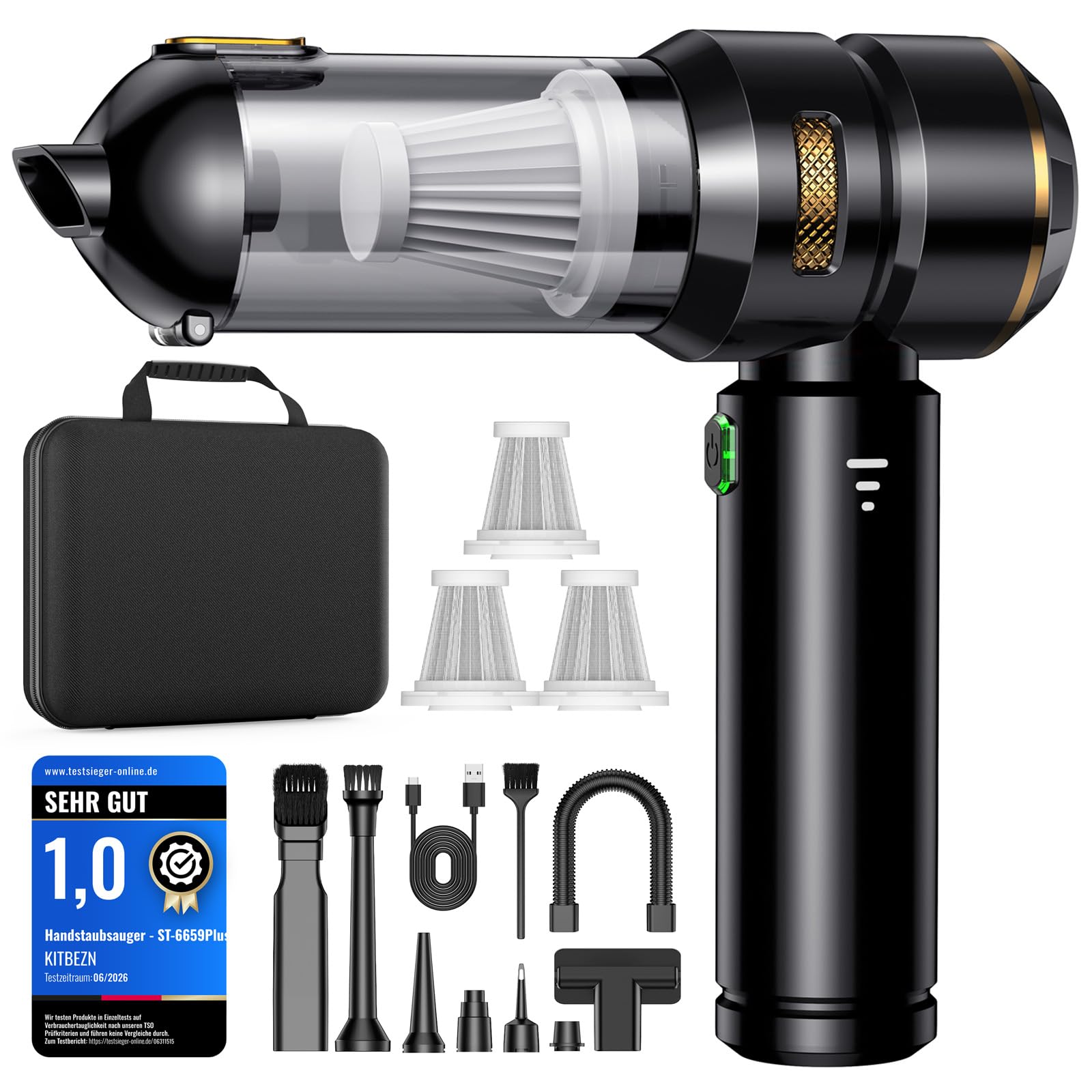 KITBEZN Aspirador de Mano, 26KPA Aspiradora de Mano Sin Cable | 135W Aspirador de Coche Potente, 4 en 1 Aspirador Coche con Motor sin Escobillas para Casa/Coche/Pelo de Mascota