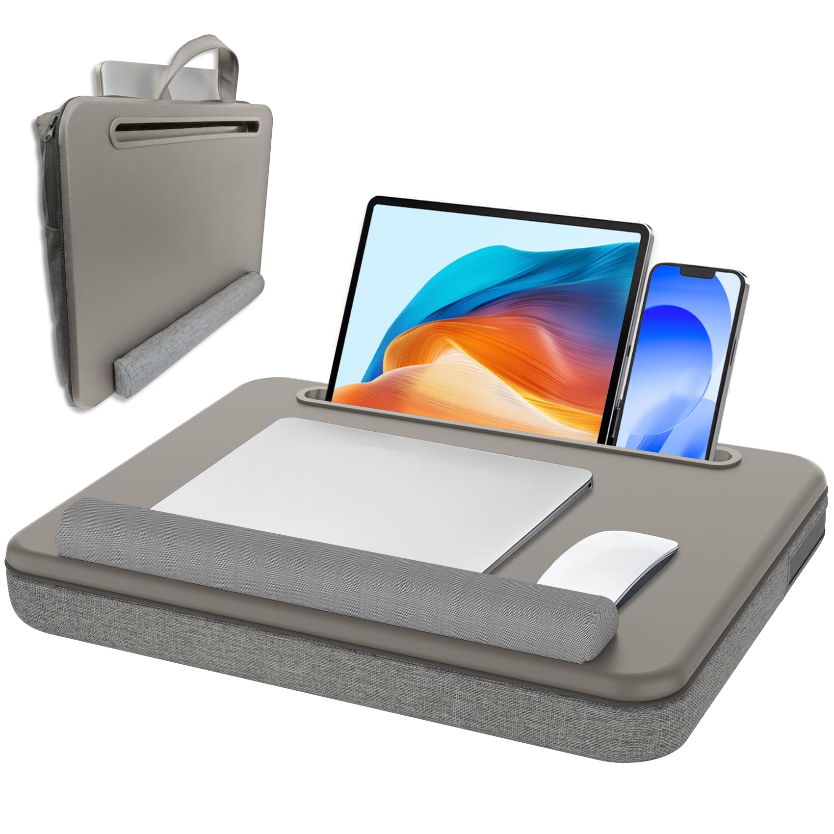 Lap Desk - Portable Laptop Desk Fits up to 15.6 inch Laptops, Wrist Pad, Storage Function, Tablet & Phone Holder, Laptop Stand for Home Office Study(Gray & Light Gray)