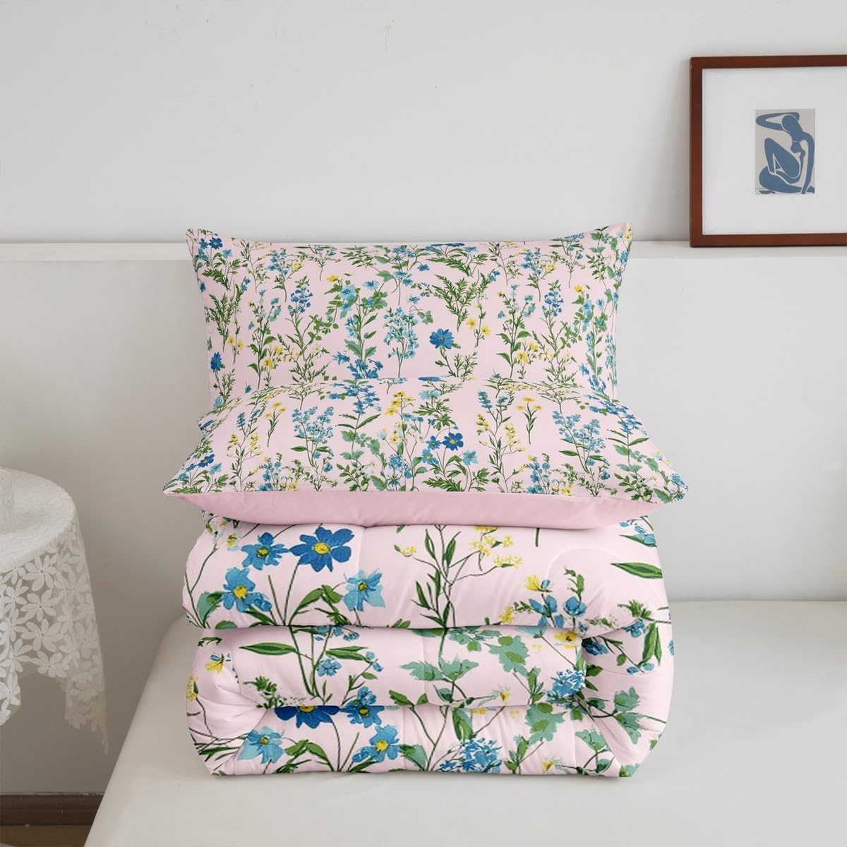Erosebridal Spring Flower Queen Comforter Set, Beautiful Floral Bedding Set Stylish Botanical Leaves Quilt for Kids Girls Women Adult, Modern Minimalist Duvet Insert Rustic Farmhouse Decor, Pink