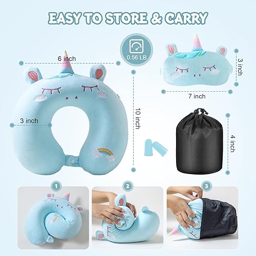 Vista 114 de Almohada de viaje para niños y adultos, bonita almohada para el cuello para viajar, almohada de espuma viscoelástica para avión, almohada para Azul