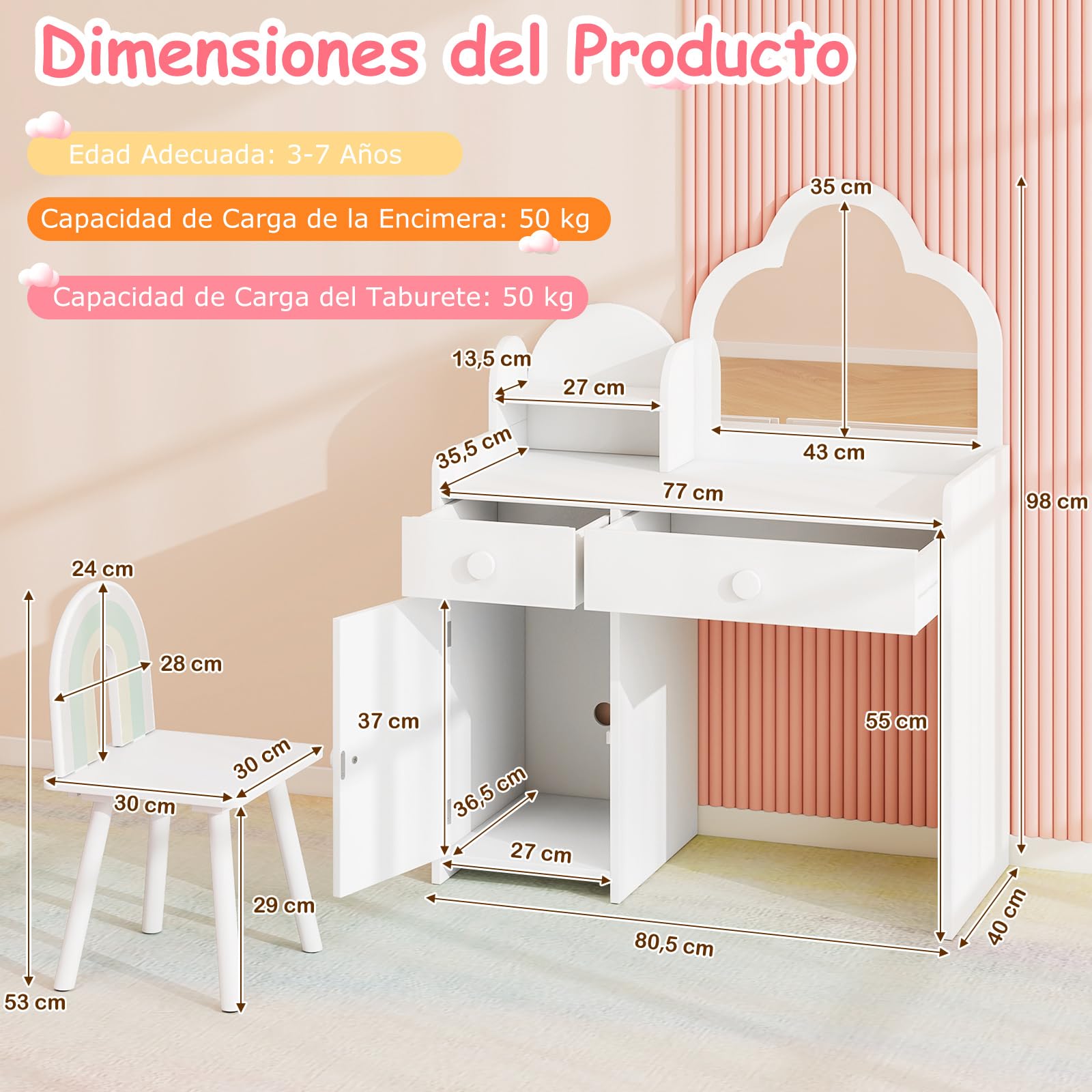 COSTWAY Tocador Niña, Tocador de Maquillaje Niña con Espejo en Forma de Nube, Estante Abierto, Cajones y Armario Cerrado, Patas de Madera, Juego de Mesa y Silla de Princesa para Niñas de 3-7 Años
