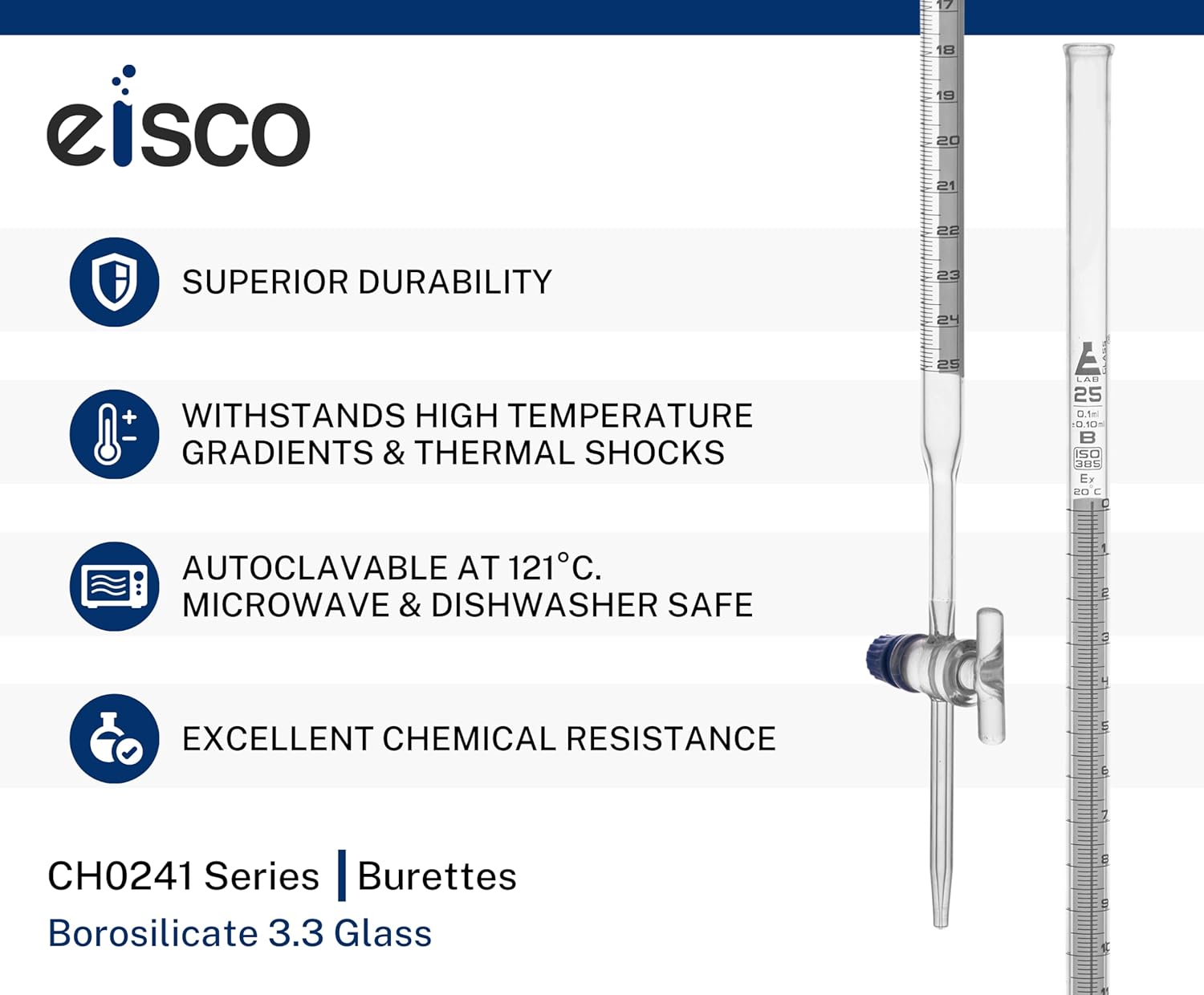 EISCO Lab Burette, 25mL - Schellbach Design for Accurate Miniscus Reading Class B 0.1mL White Graduations Glass Stopcock Borosilicate Buret- Eisco Labs