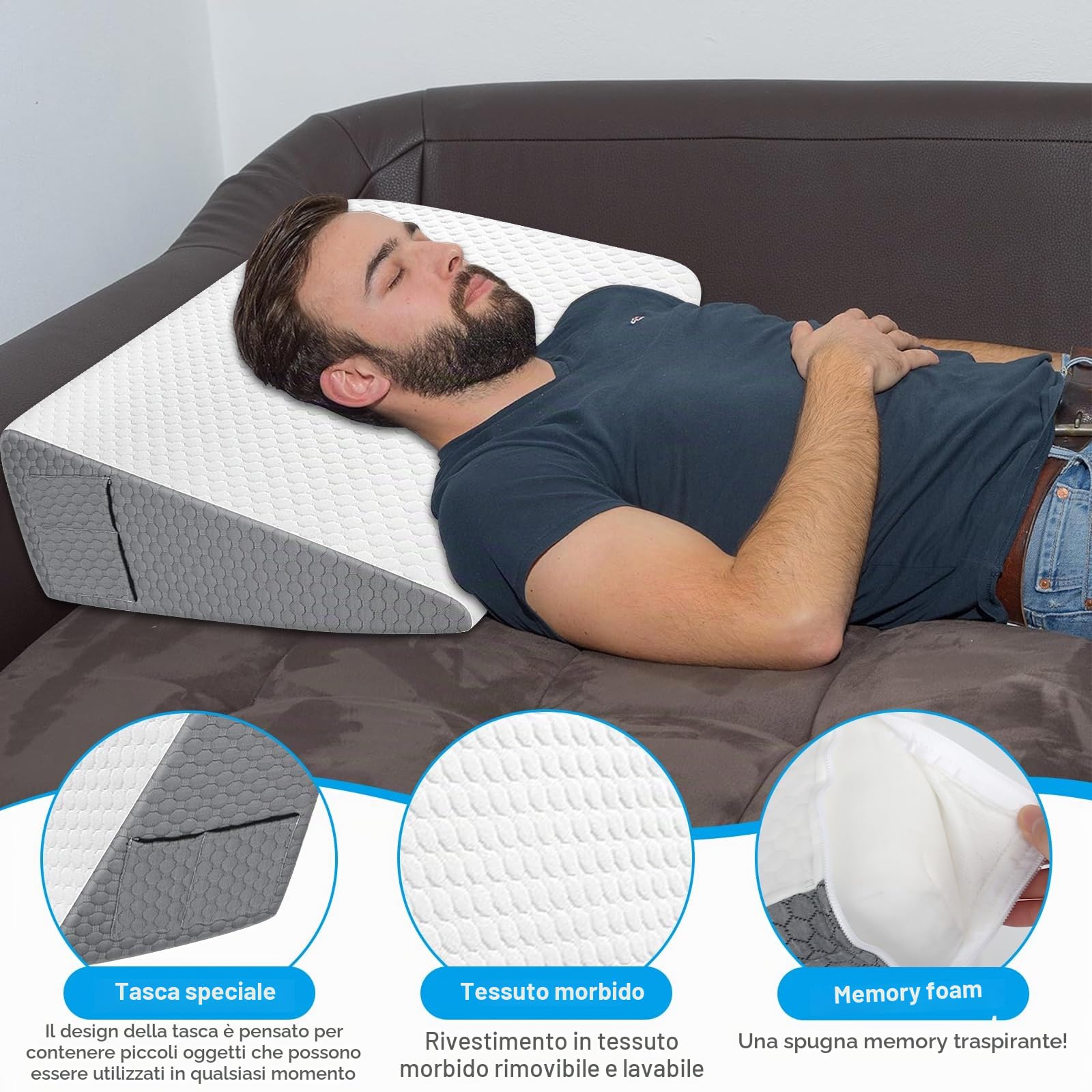 Cuscino a Cuneo,Cuscino Antireflusso Ergonomico,Cuscino a Cuneo Ortopedico in Cotone per Letto e Divano, Cuscini da Lettura, Supporto per Schiena e Rialzo Gambe,Rimovibile e lavabile