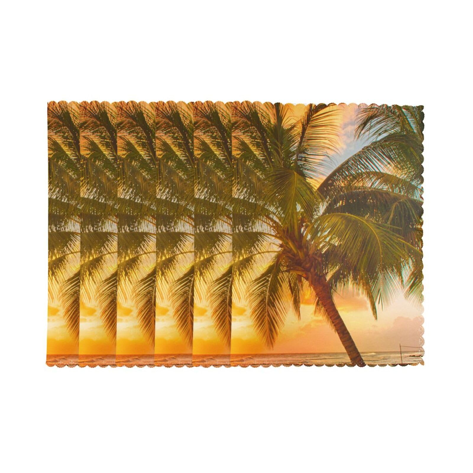 6 PCS Heat Resistant Placemat 45x30 CM, Tropical Beach Palm Tree Sunset Printed Non-Slip Place Mats for Kitchen Dining Table Indoor Outdoor