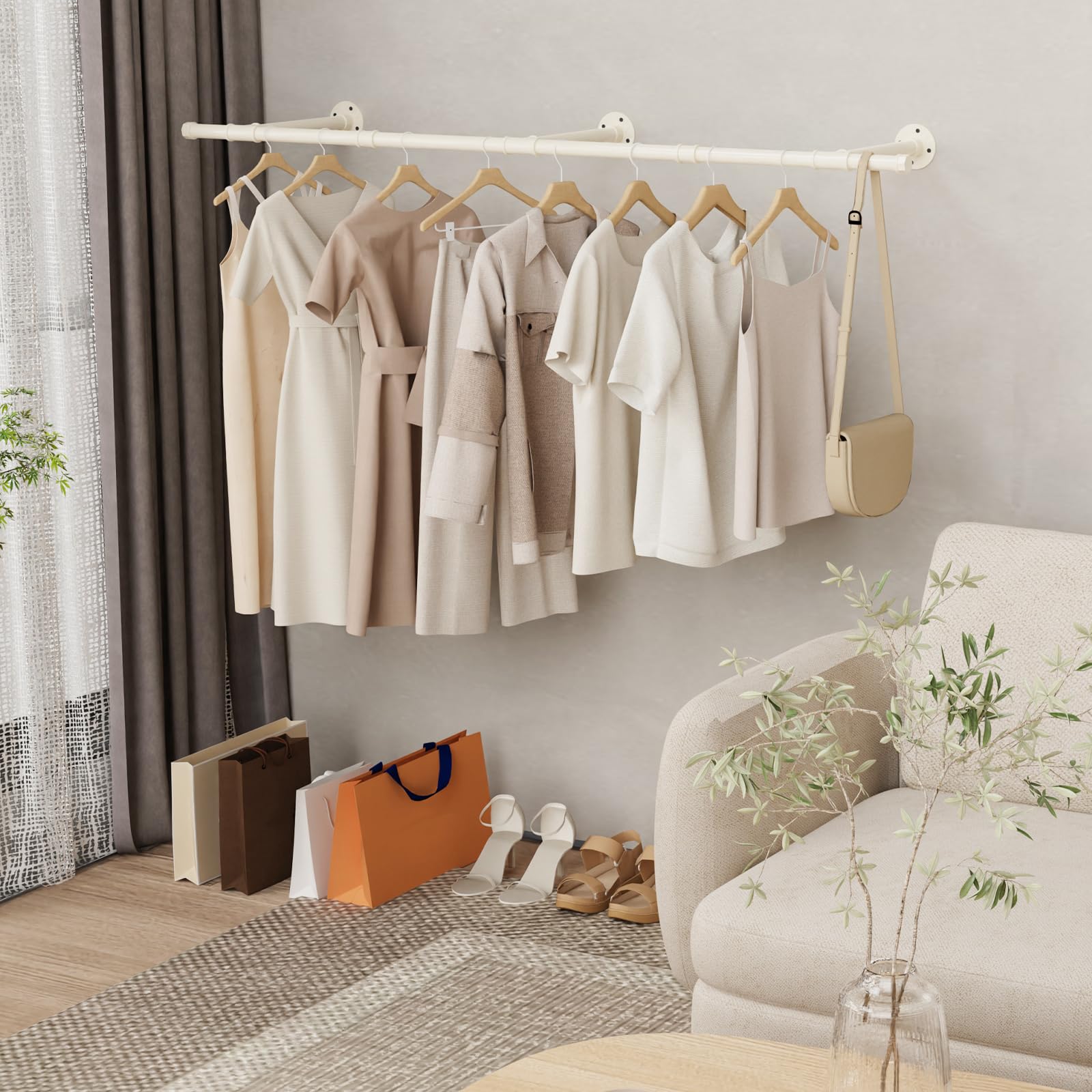 Porte Manteau Mural Tringle, Penderie Murale 150cm, Barre Dressing Industriel, Portant pour Salon, Chambre, Gain de Place, Montage Facile, Robuste et Durable, Beige