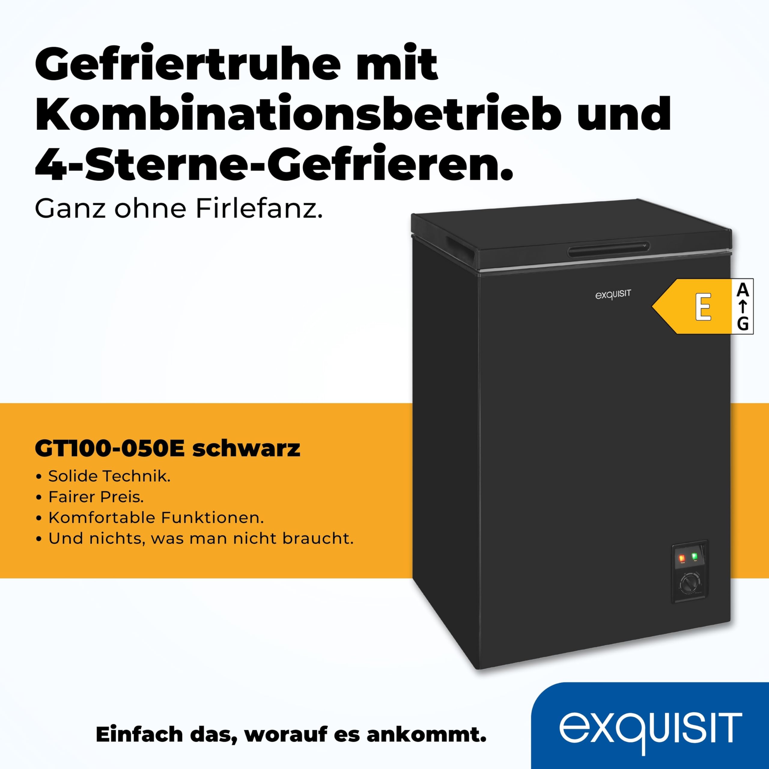 Exquisit GT100-050E Gefriertruhe 99L Tiefkühltruhe 2-in-1 Kühlen & Gefrieren Toplader 4-Sterne-Gefrierfach herausnehmbarer Gefrierkorb verstellbare Füße Temperaturregelung