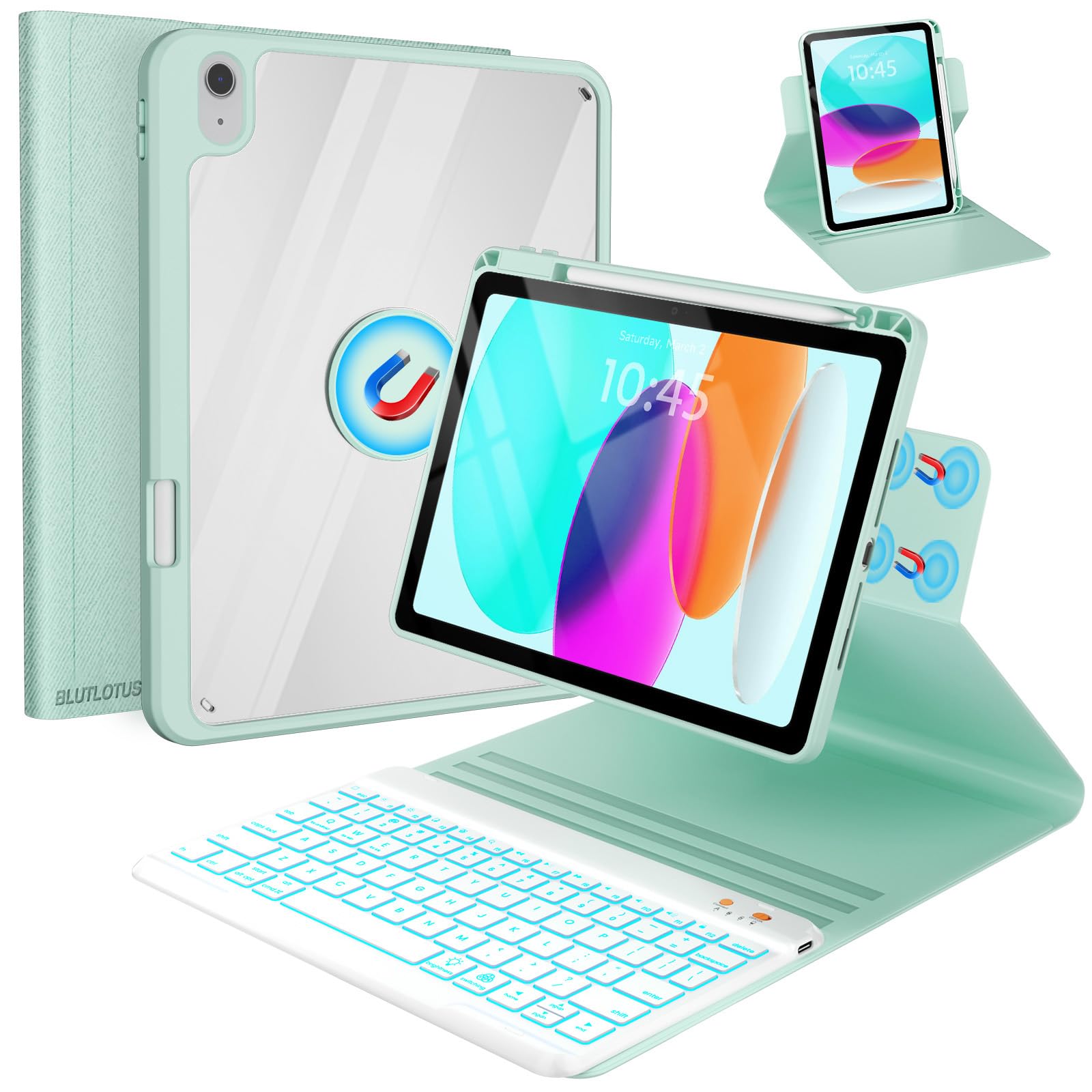 BLUTLOTUS for iPad 11th (A16) 10th Generation Case with Keyboard (2025/2022) - 360° Rotatable Magnetic Folio Cover, 7 Color Backlit Detachable