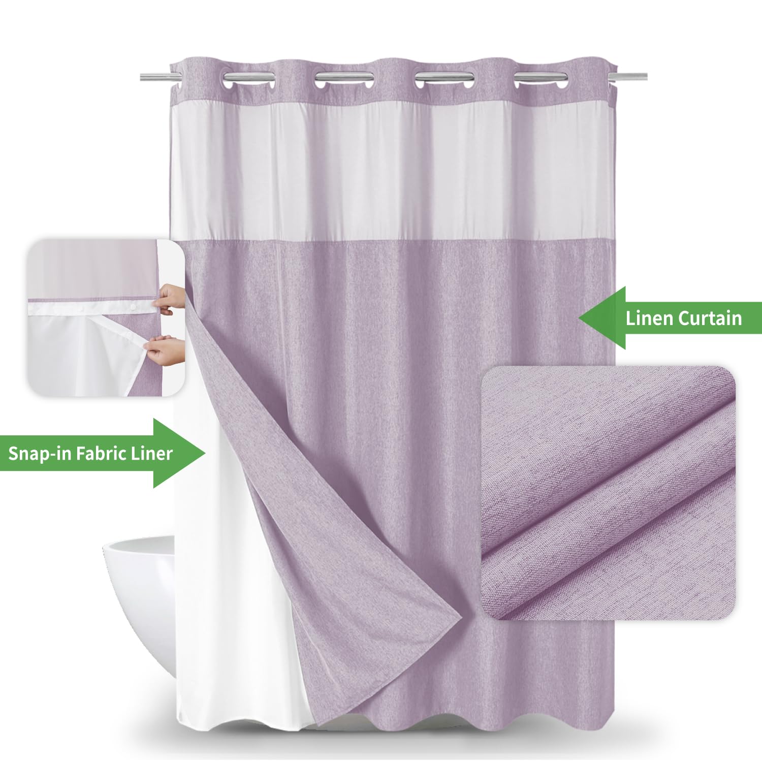 Eachope No-Hooks Needed Linen Textured Shower Curtain With Snap-in Liner Set - Hotel Luxury Style (Lavender, 71x80)