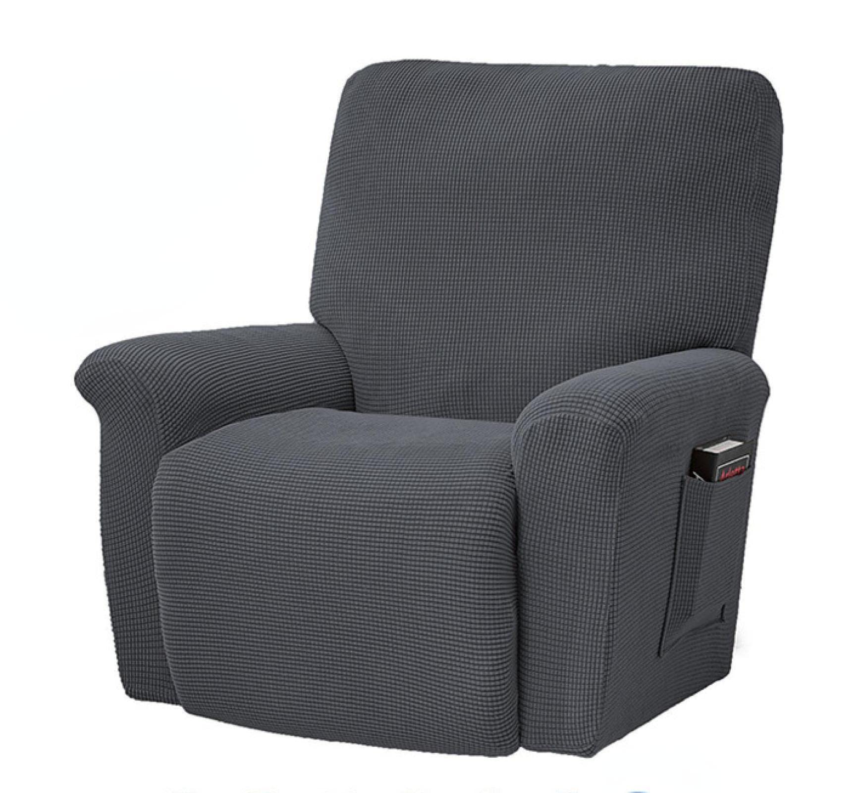 Fundas elásticas grises para reclinables para sillas, antideslizantes, lavables, repelentes al agua, con parte inferior elástica, funda reclinable para sala de estar con diseño de bolsillo lateral