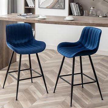 Bar Stools Set of 2 - Luxury Bar Stools Counter Height Barstool 24 Inch Seat Height Upholstered Velvet Barstool Set of 2 Blue Counter Stools for Kitchen Island, Home Counter, Bar Pub Blue.
