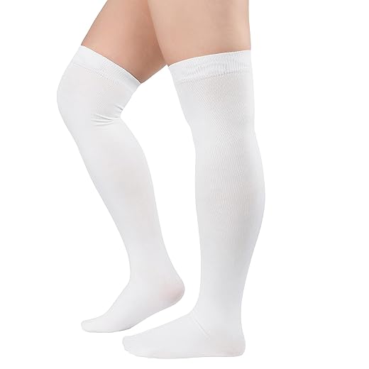 Zando Plus Size Thigh High Stockings Plus Size Long Socks Sexy Cosplay Wide Calf Striped Thigh High Socks Halloween Knee High Socks Girls Warm Socks for Thick Thighs C 1 Pair White 8-12