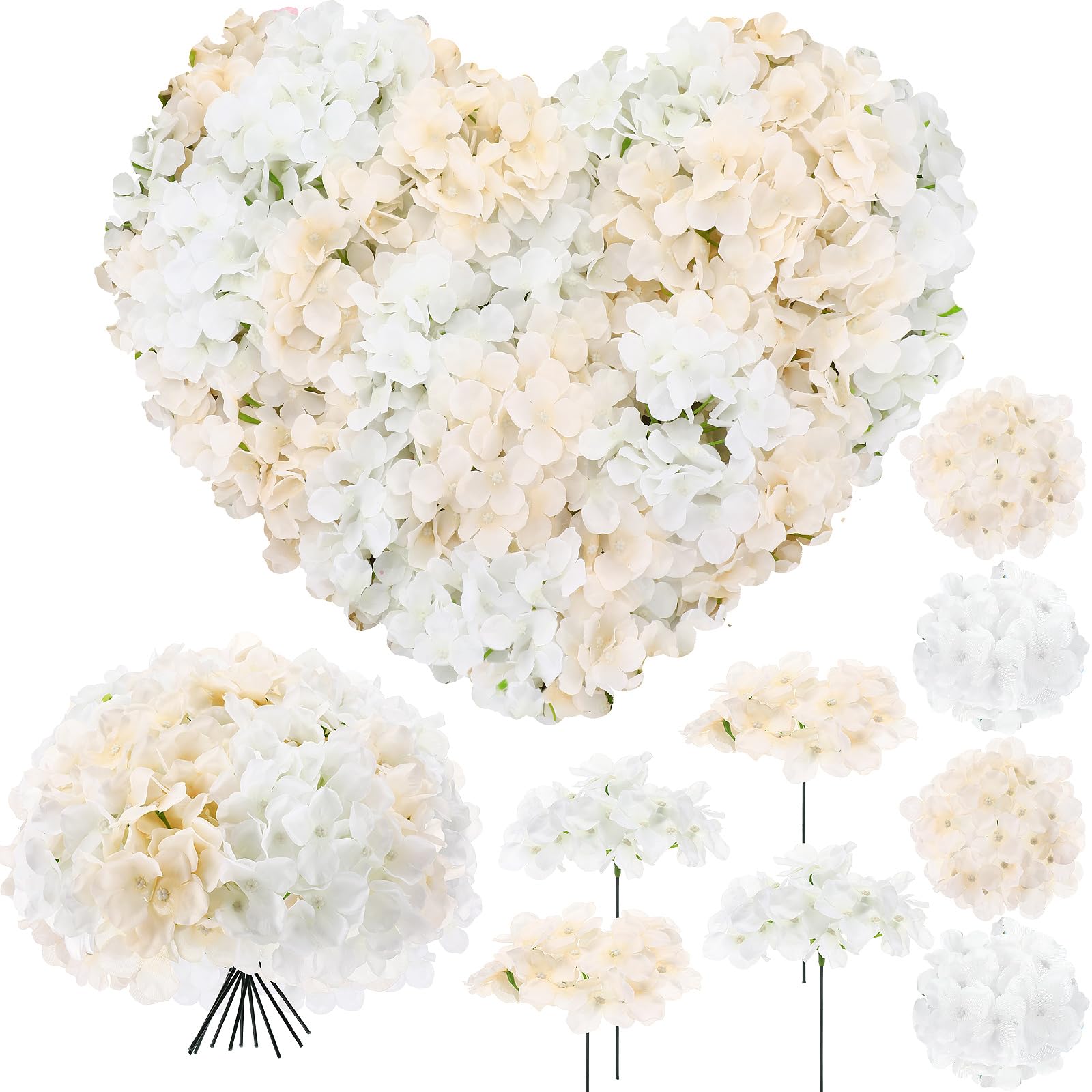 Zeyune 200 Pcs Artificial Hydrangea Flowers Bulk, White & Champagne Silk Hydrangea Heads with Stems for Wedding Centerpieces Bouquets DIY Floral