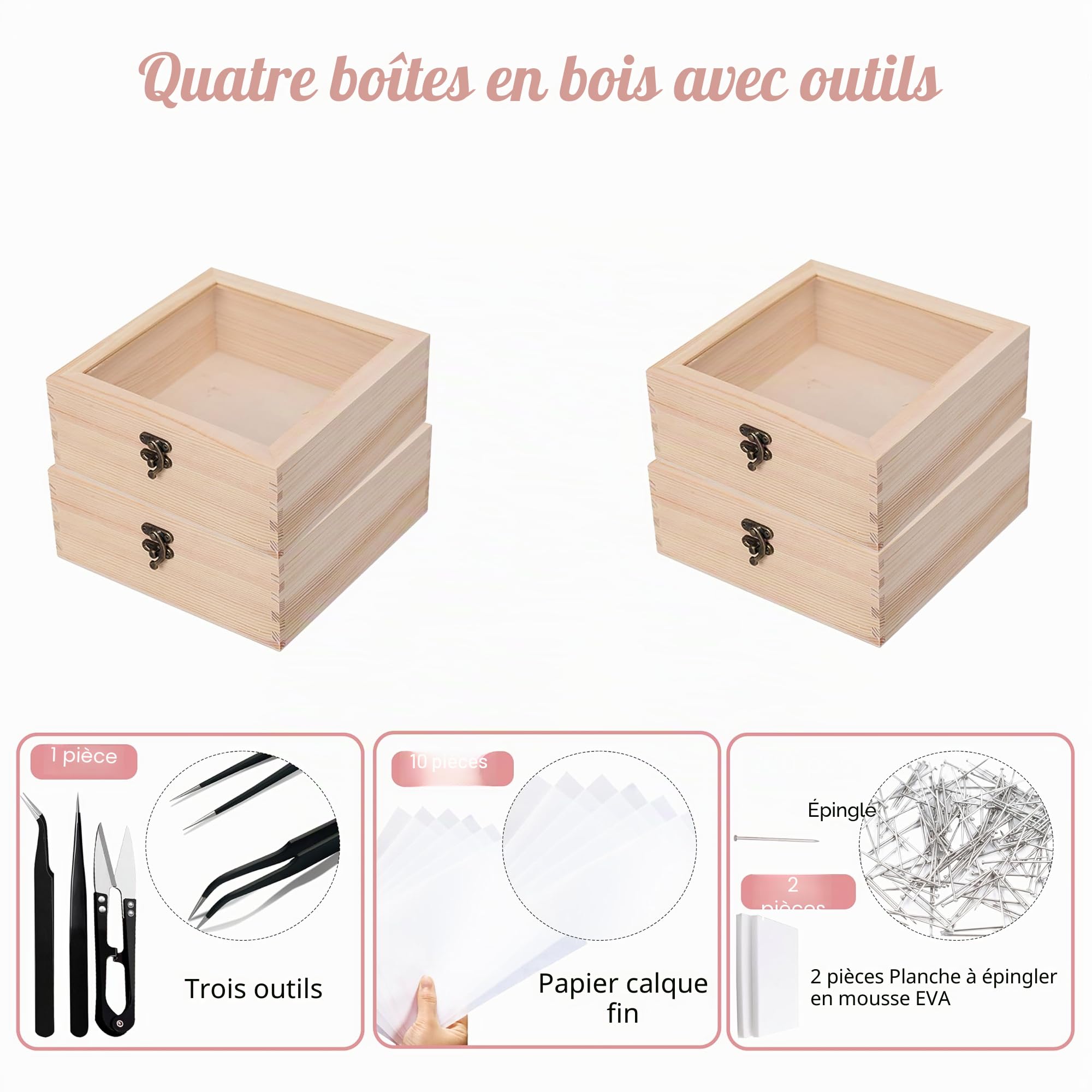 Kit D'outils pour Spécimens D'insectes 4 Boîtes en bois 10 Feuilles de papier calque 200 épingles à insectes 2 Planches de Montage Papillon en Mousse EVA pour Collecte