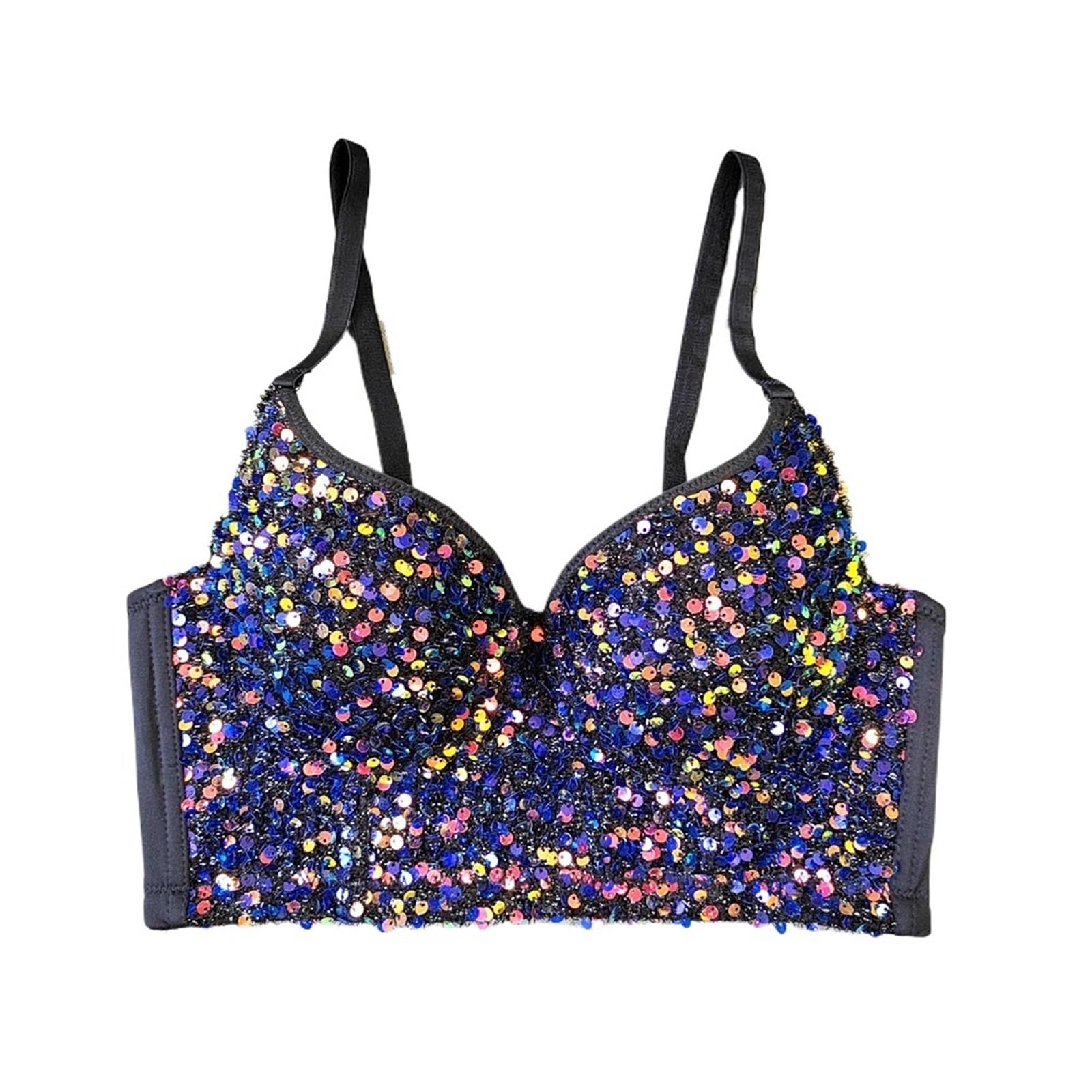 LIUHLFSR Glittery Deep V-neck Elastic Push-up Bra For Parties And Dancing Triangle Cup Sexy Women Underwear Bralette Sequins Lingerie for Dancing Carnival Party(40C,Blue-black)