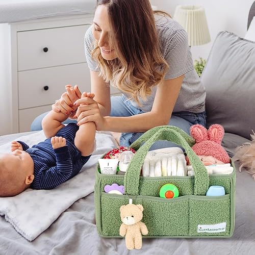 Miniatura 7 de Buzz&Bloom Organizador de pañales de peluche para bebé, elegante cesta de almacenamiento para artículos esenciales para recién nacidos y estación de