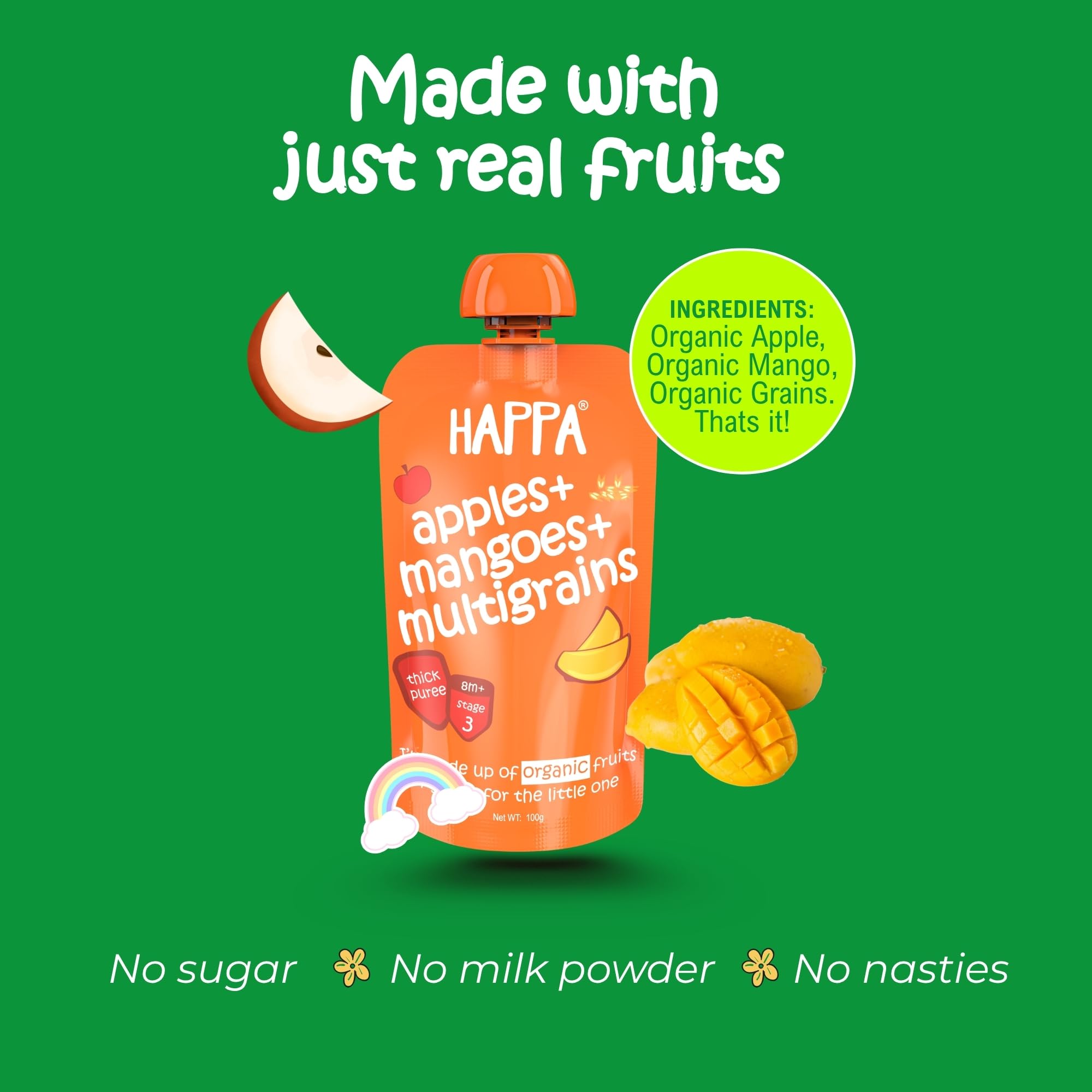 Happa Organic Baby Food Apple Mango and Multigrain Puree | 100% Fruits | No Added Sugar, No Milk Powder, No Preservatives | Stage 3 (8 Months+) | Ready to Eat | Free from Common Allergens | Pack of 1 (100g Each)