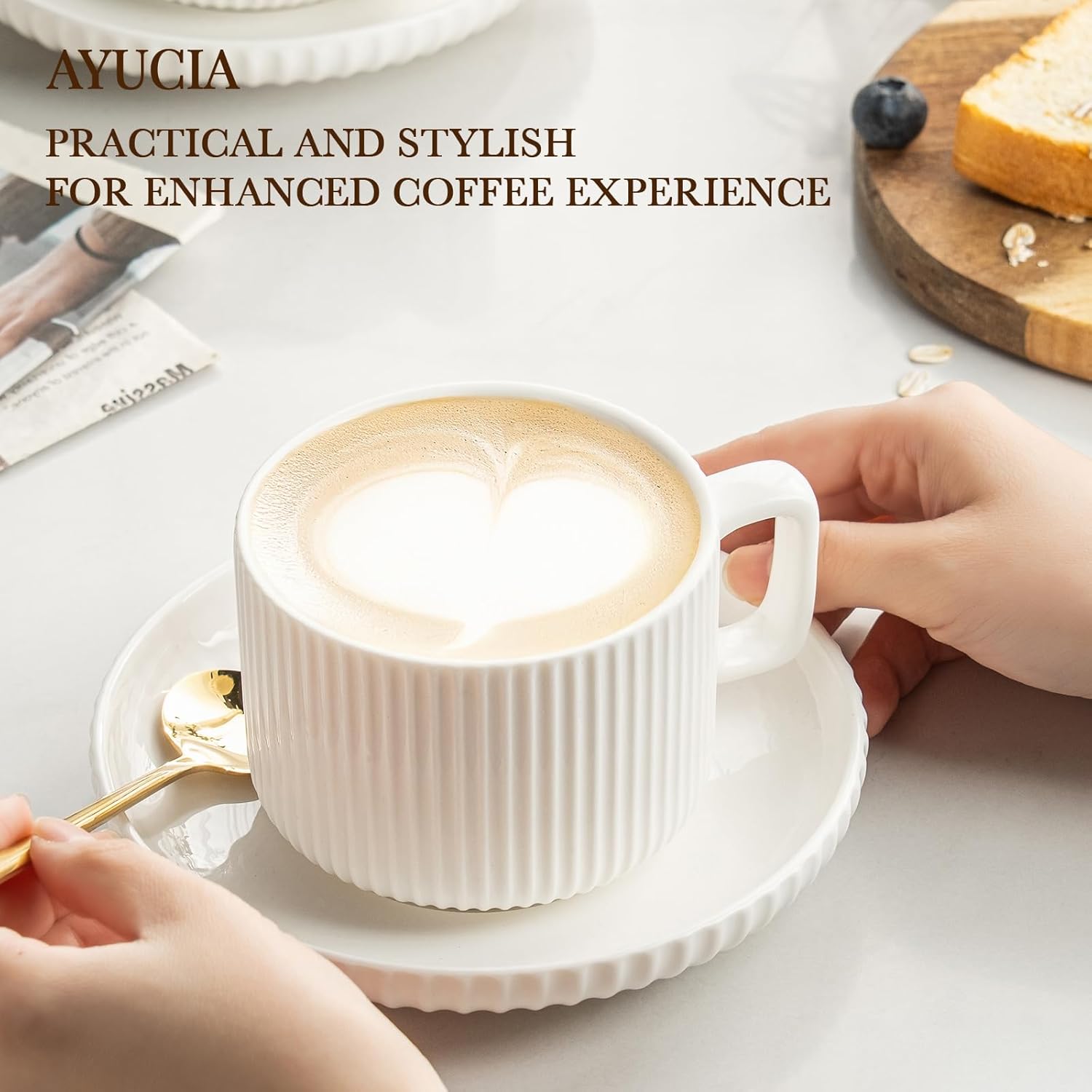 8 Ounce Cappuccino Cups Set of 4, Latte Mugs with Saucers and Spoons, White Cream Ceramic Coffee Mugs Tea Cups for Cappuccino Latte Mocha Au Lait Macchiato Cafe