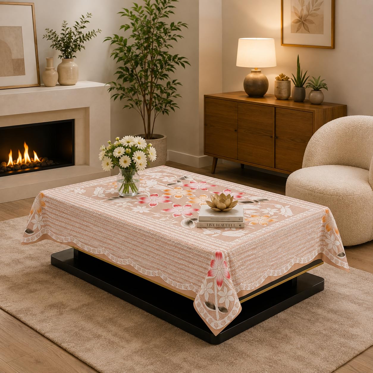STITCHNEST Gulnar Beige Cotton Net Table Cover 40x60 Inches