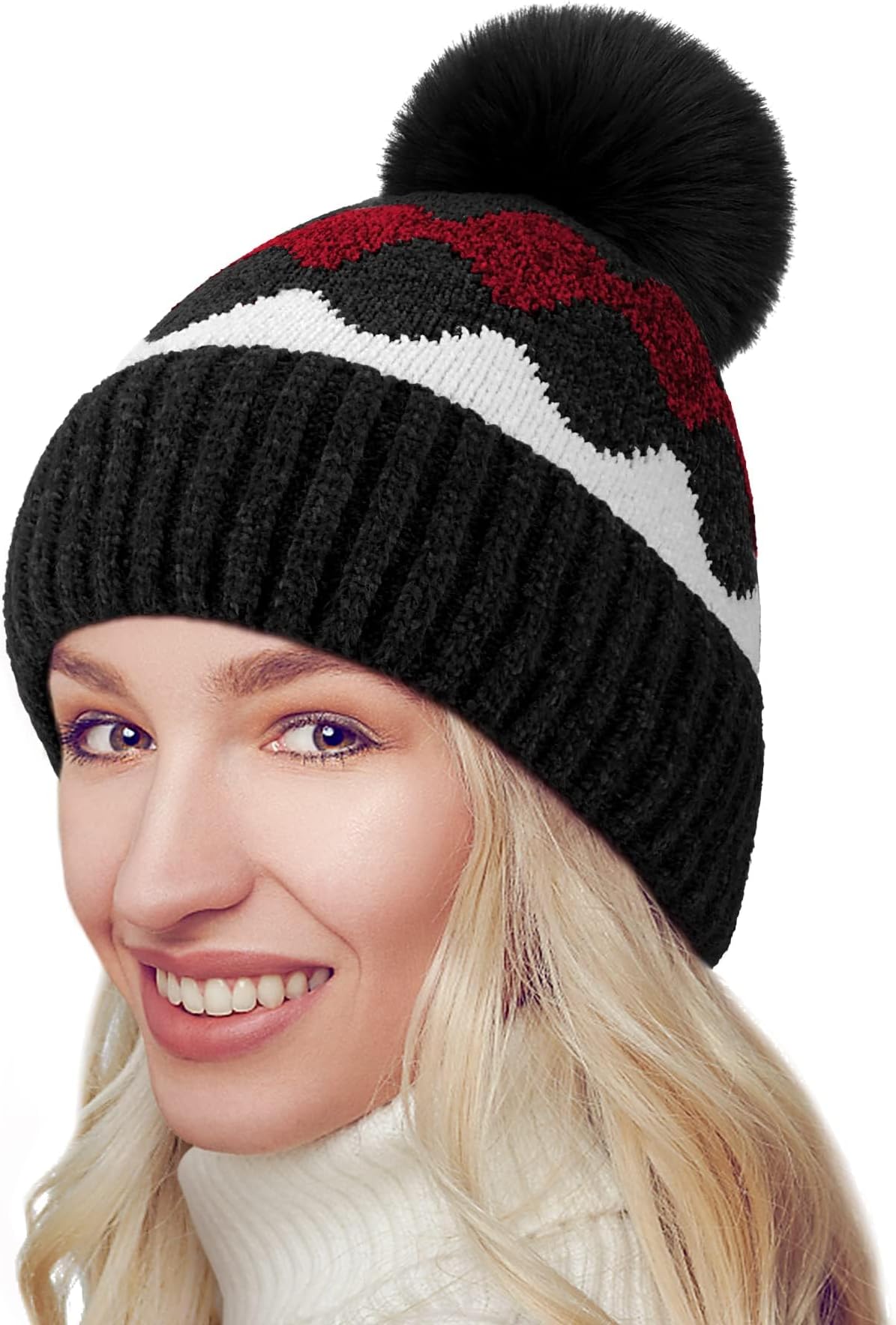 Bobble Hat Women - Fleece Lined Beanie Hats Thermal Knitted Wooly Winter Hats Ladies Cable Knit Hats with Faux Fur Pom Pom