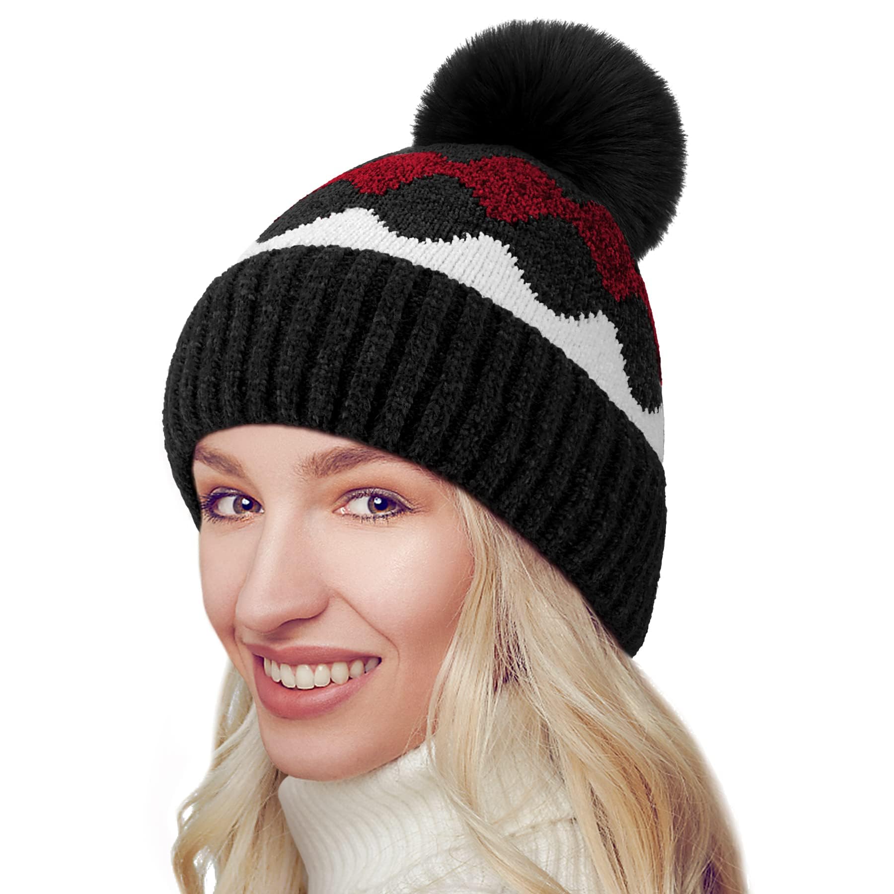 Bobble Hat Women - Fleece Lined Beanie Hats Thermal Knitted Wooly Winter Hats Ladies Cable Knit Hats with Faux Fur Pom Pom