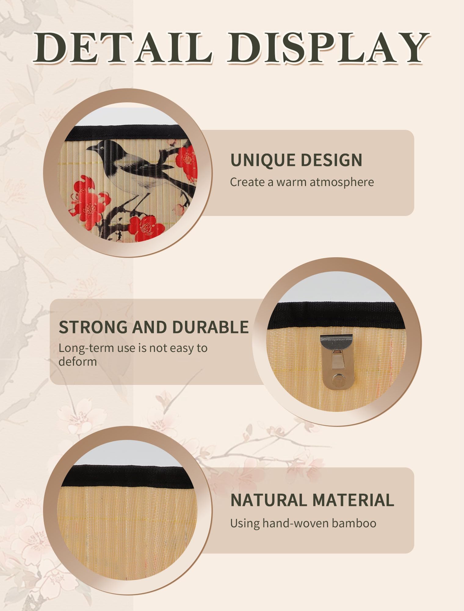 11.8 Inch Bamboo Drum Lampshade, Natural Flower Print Design, Clip-On Fitment for Table & Floor Lamps - Image 3