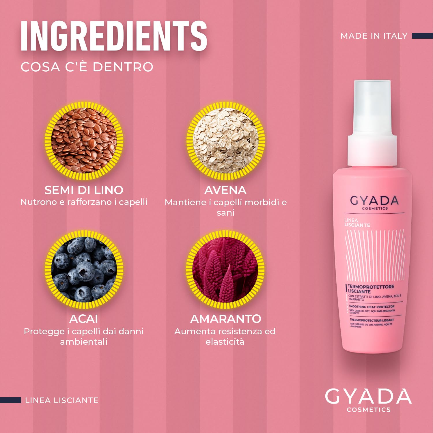 GYADA COSMETICS, Wygładzająca ochrona cieplna do 230° przed wysoką temperaturą, prostownicą i lokówką, z ekstraktem z lnu, owsa, acai i amarantu, 125 ml
