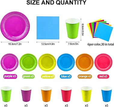 90Pcs Rainbow Party Paper Plates Cups Napkins Sets - Includes 30 Dinner Salad Plates, 30 x 270ml Cups, 30 Colorful Napkins, Birthday Party Supplies for Kids Adults DIY Holiday