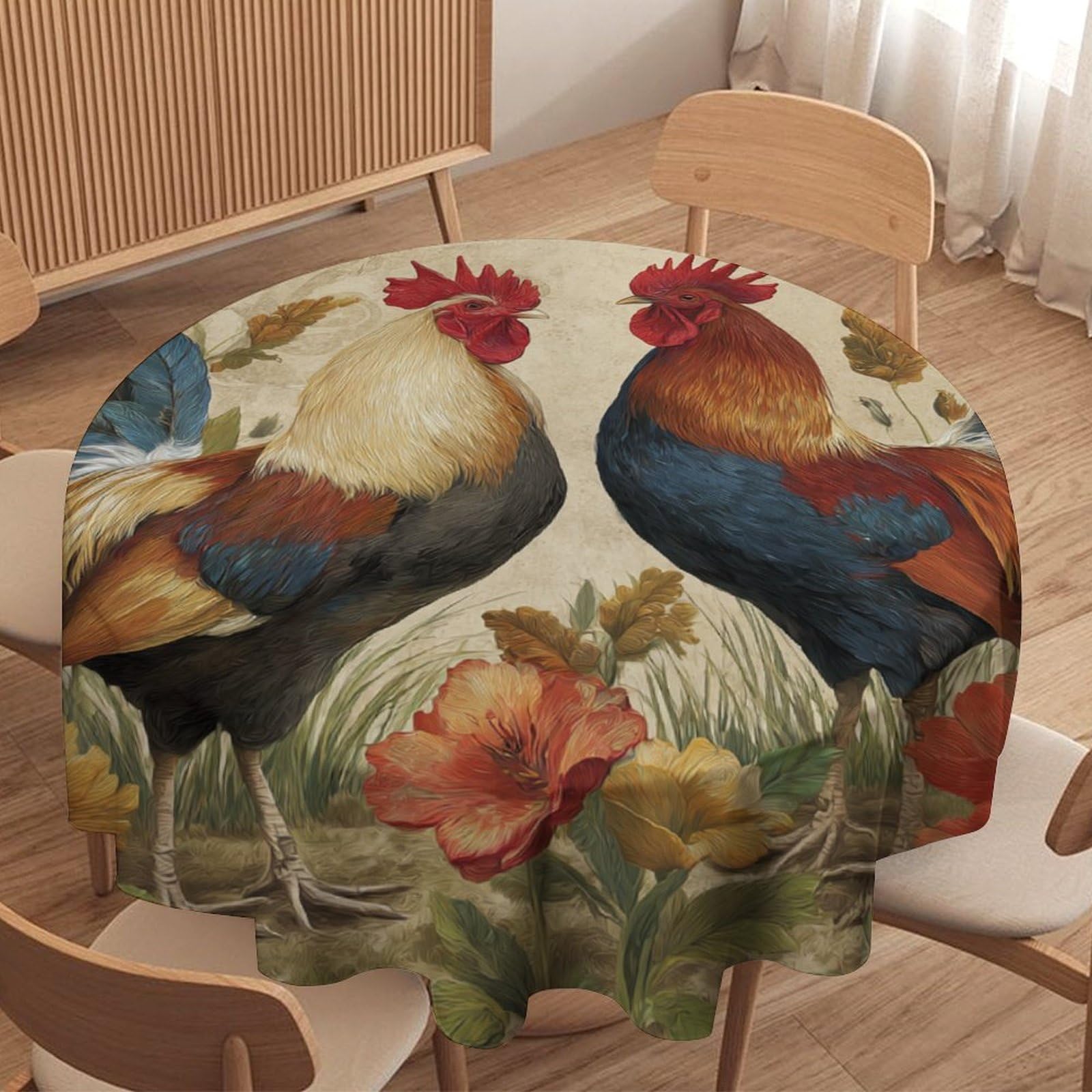 LUYYSKY Vintage Realistic Chickens Waterproof Round Tablecloth Rustic Watercolor Spring Garden Flowers Animal Roosters Butterflies Washable Table Cover for Kitchen-36 Wx36 L