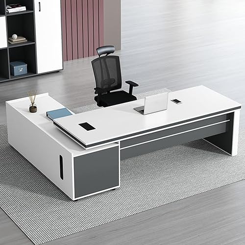 Miniatura 9 de Escritorio de oficina en forma de L con cajón de bloqueo, escritorio de madera para computadora, estación de trabajo ejecutiva en forma de L con