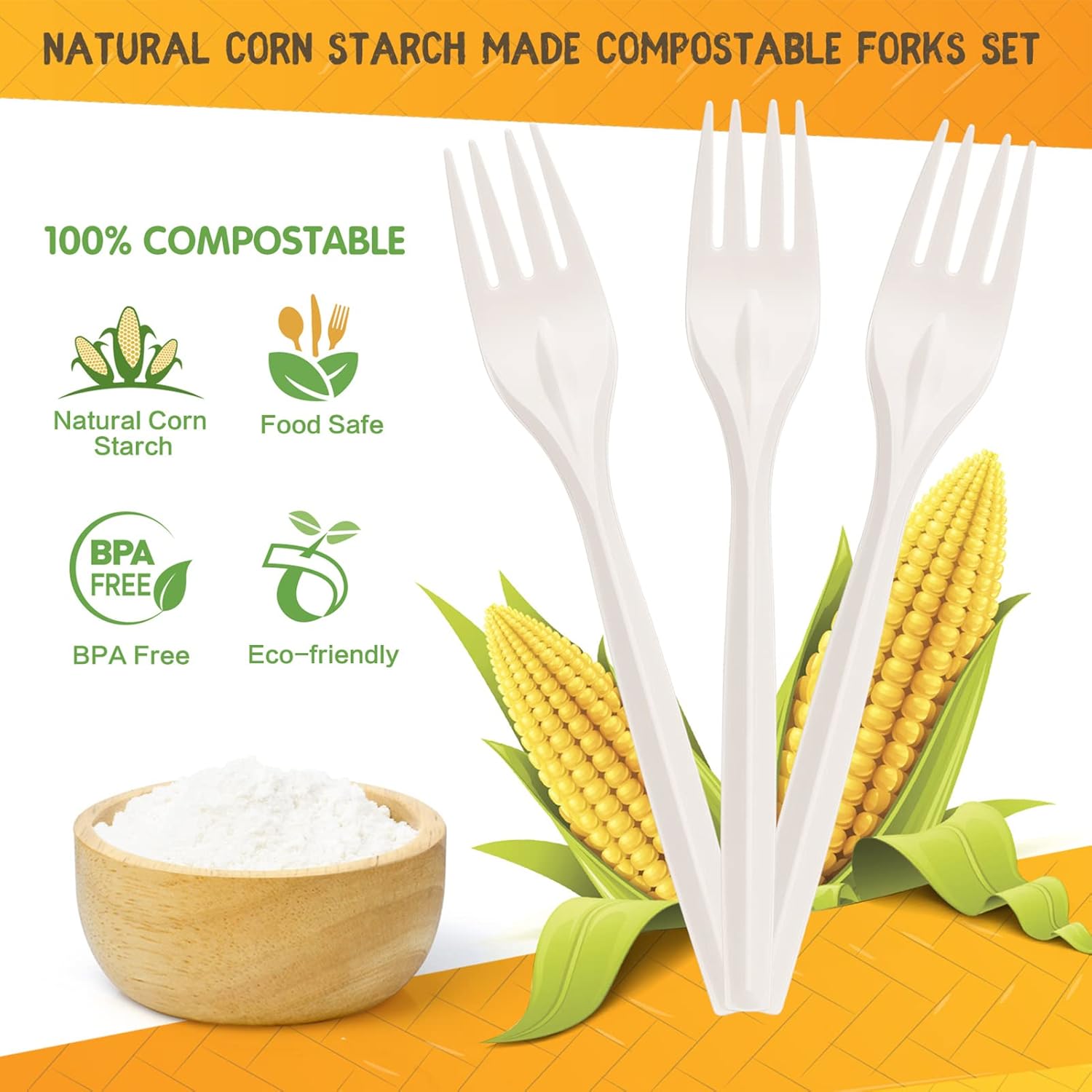 Gezond Compostable Forks 50 Count 7 Inch No Plastic Disposable Forks Heavy-duty Cutlery Set Eco-Friendly Utensils for Party Wedding Camping Office Picnic - Image 3