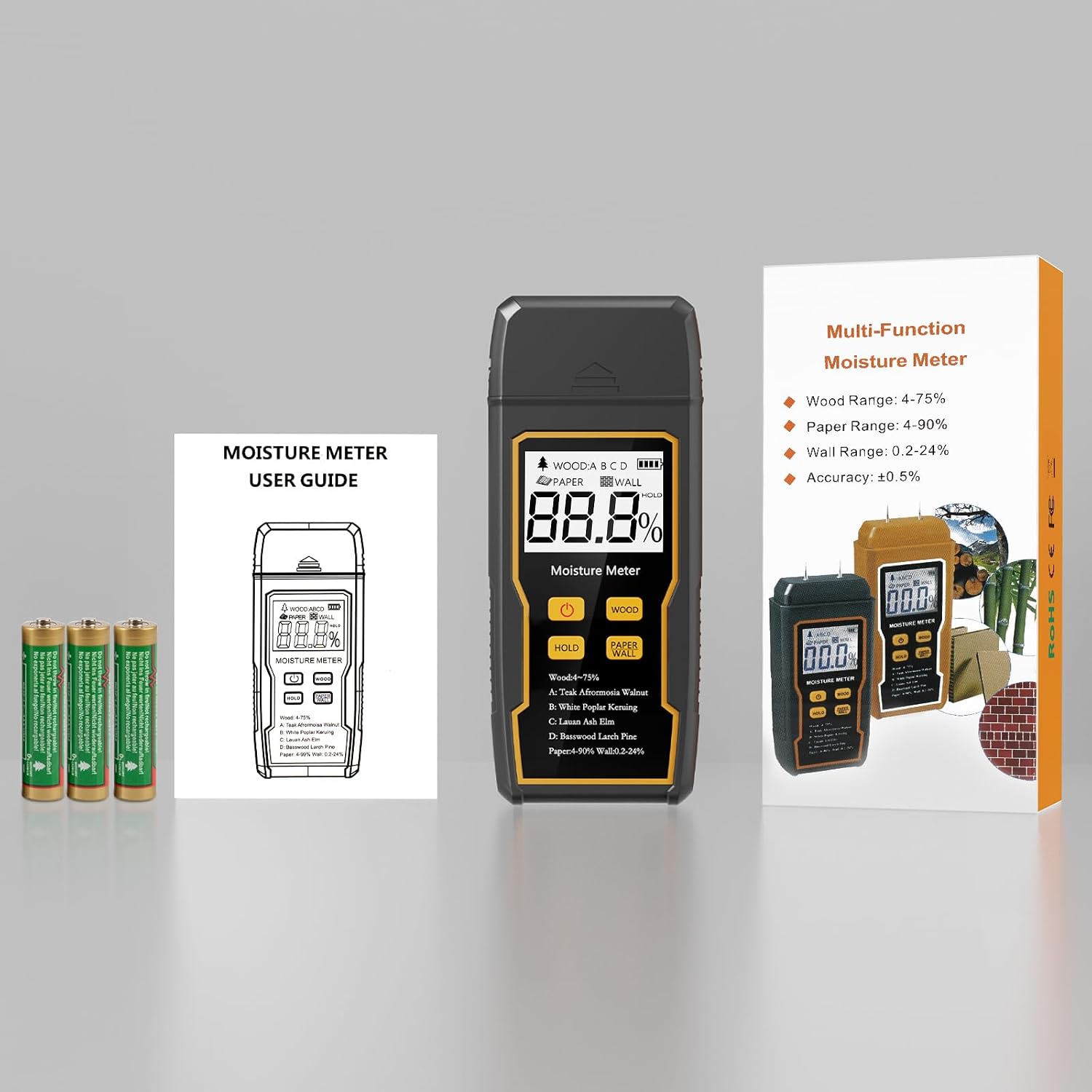 Digital Moisture Meter, 4 Pins Wood Moisture Meter, Moisture Meter for Drywall, Moisture Tester for Wood, Backlit LCD Display with Audible and Visual, Suitable for Wood, Wall, Cardboard