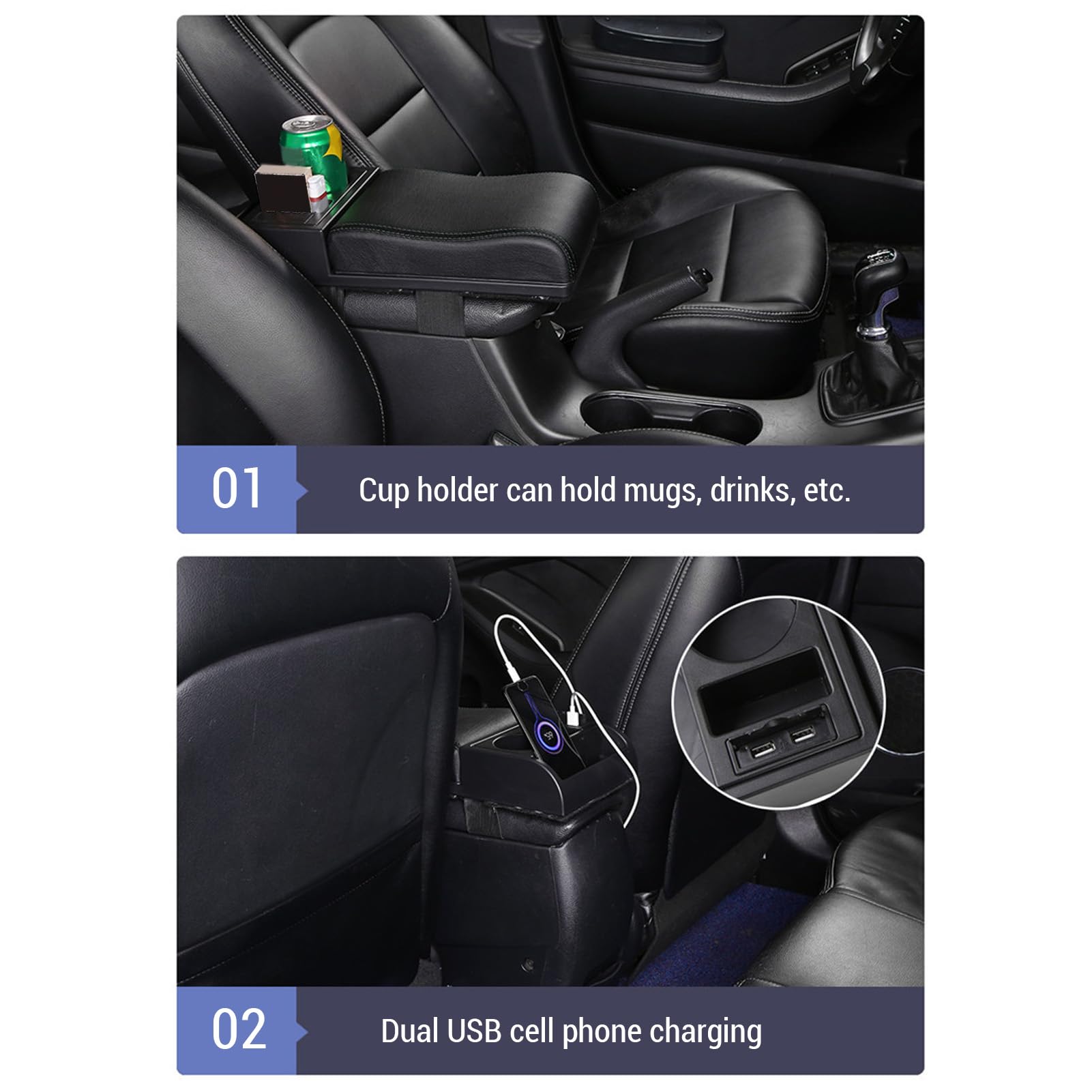 Copertura per Box Bracciolo Console Centrale Lunghezza Regolabile con Porta di Ricarica USB Portabicchieri Universale per Box Bracciolo per Auto per SUV Camion Furgoni (Nera)