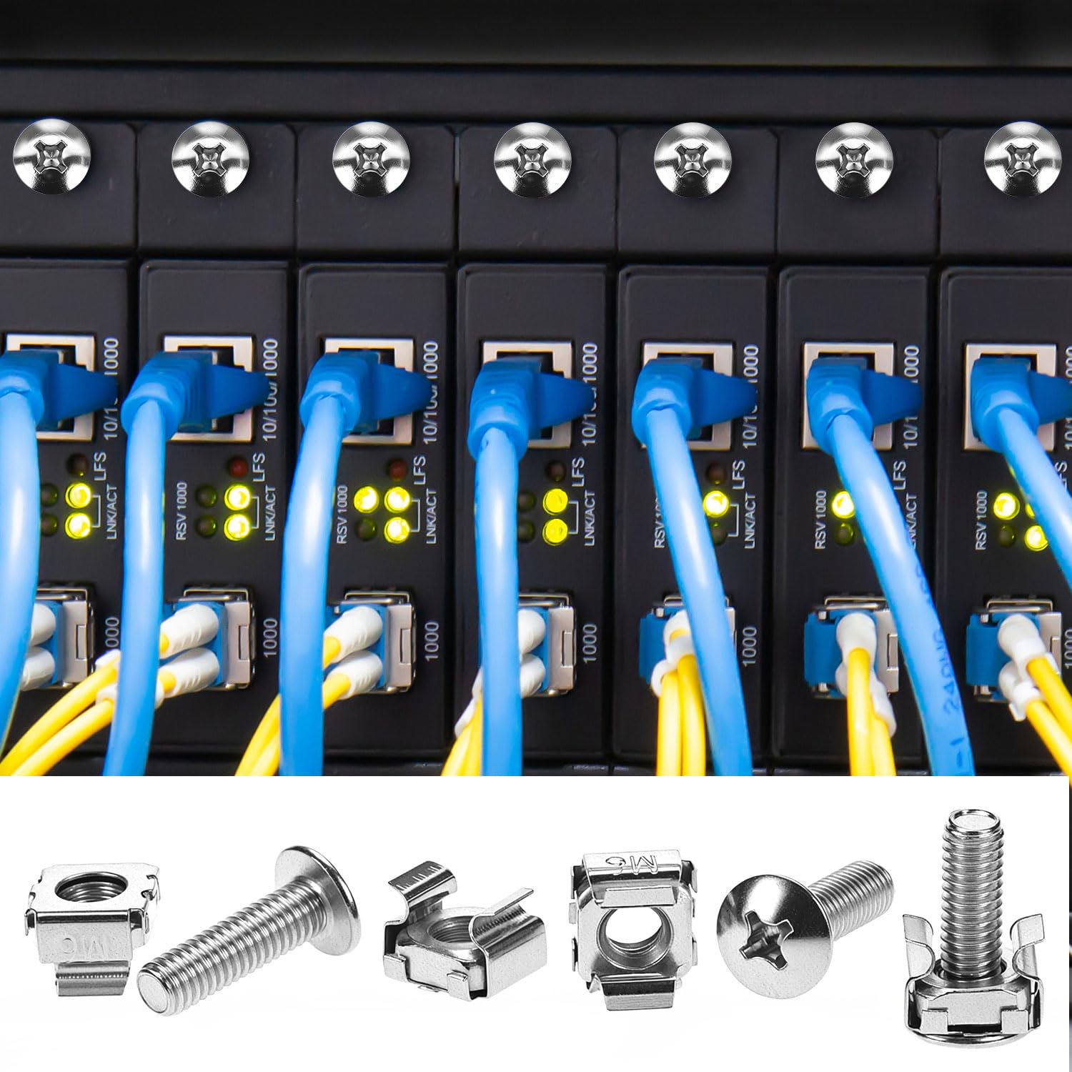QWORK® 110 pezzi/55 set di dadi, viti e rondelle per montaggio su rack M6 x 20 mm, acciaio al carbonio per armadi server e rack audio