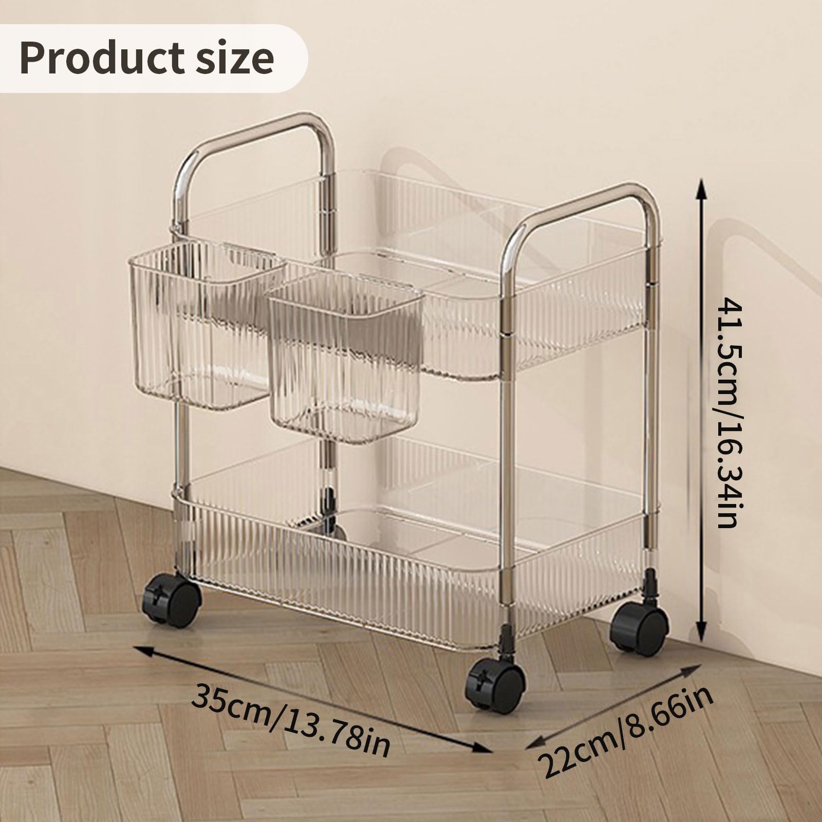 2-Tier Rolling Storage Cart, Clear Bathroom Organizer, Transparent Acrylic Trolley for Office Living Room - Image 2