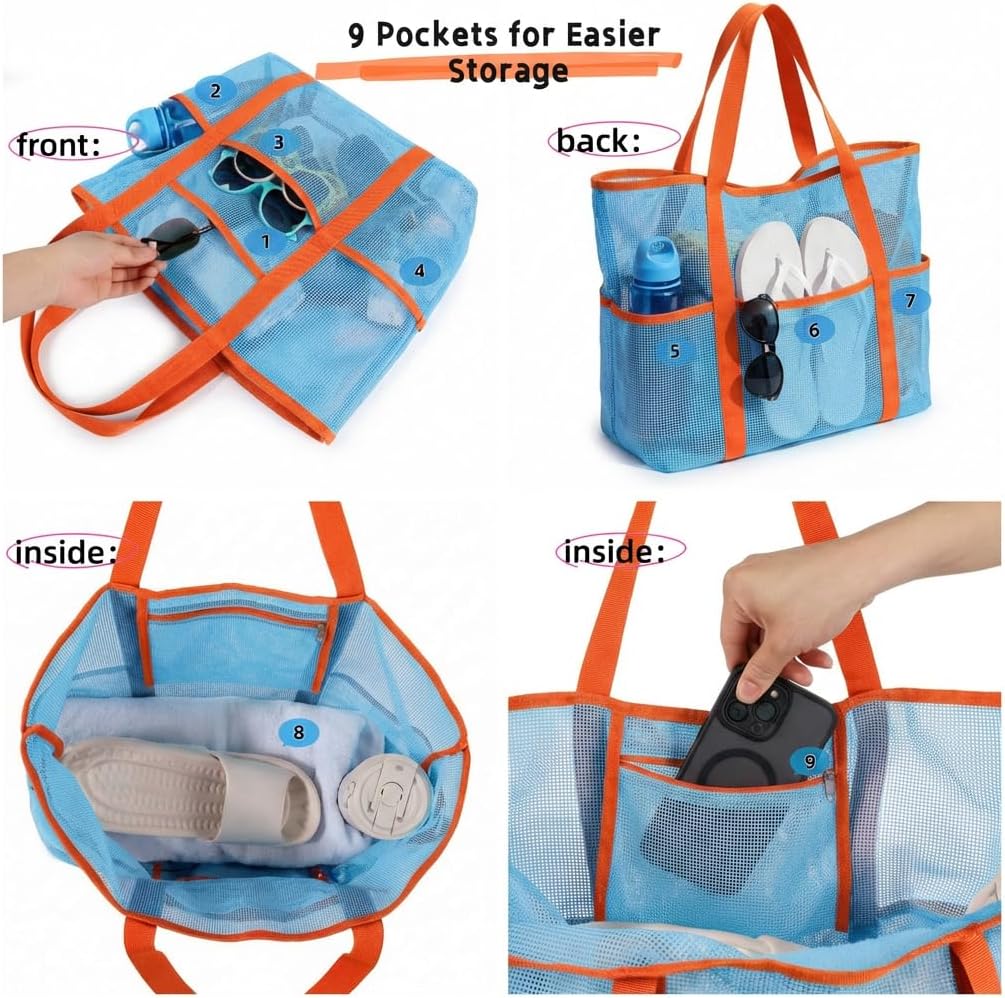 Mesh Beach Bag with Zipper-Large Lightweight Tote Bag for Women,Summer Beach Trips & Vacation Essentials