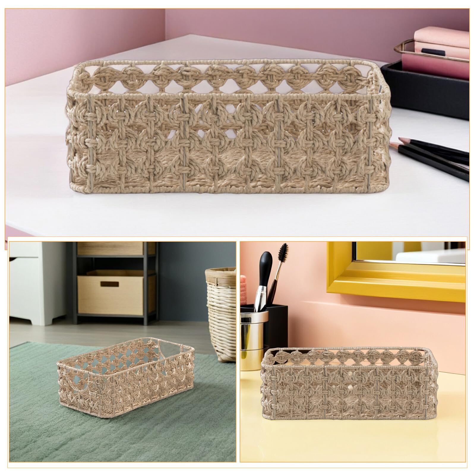 jojofuny Organizer da Tavolo Intrecciato a Mano in Corda di Carta Rettangolare Cestino Portaoggetti per Trucco Snack e Piccoli Accessori Contenitore Salvaspazio per Scrivania e