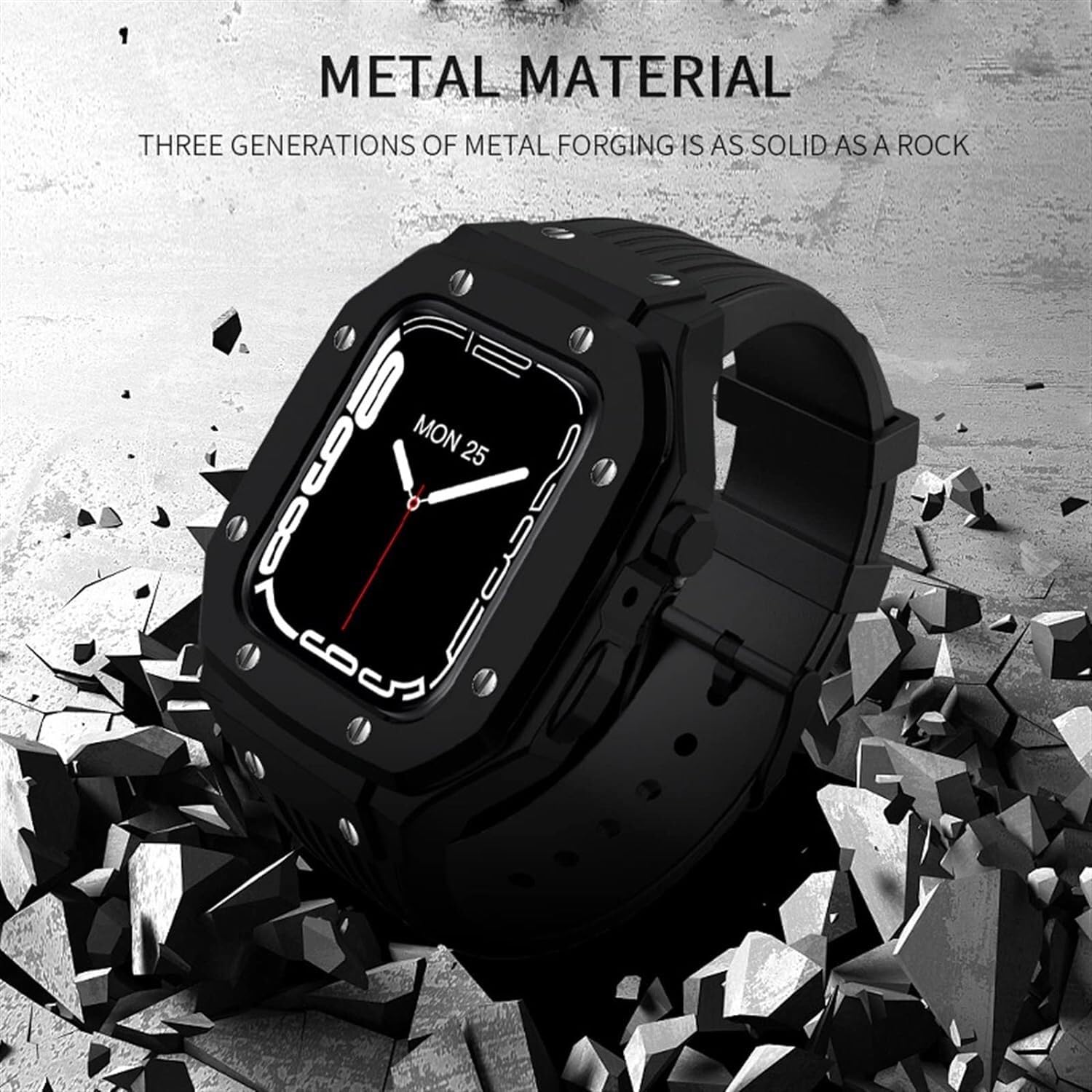 Metalowe etui do zegarka + gumowy pasek do zegarka, do Apple Watch Series 8/7 45 mm 6/5/4 SE 44 mm DIY, silikonowy pasek do zegarka ze stali nierdzewnej zestaw do modyfikacji obudowy