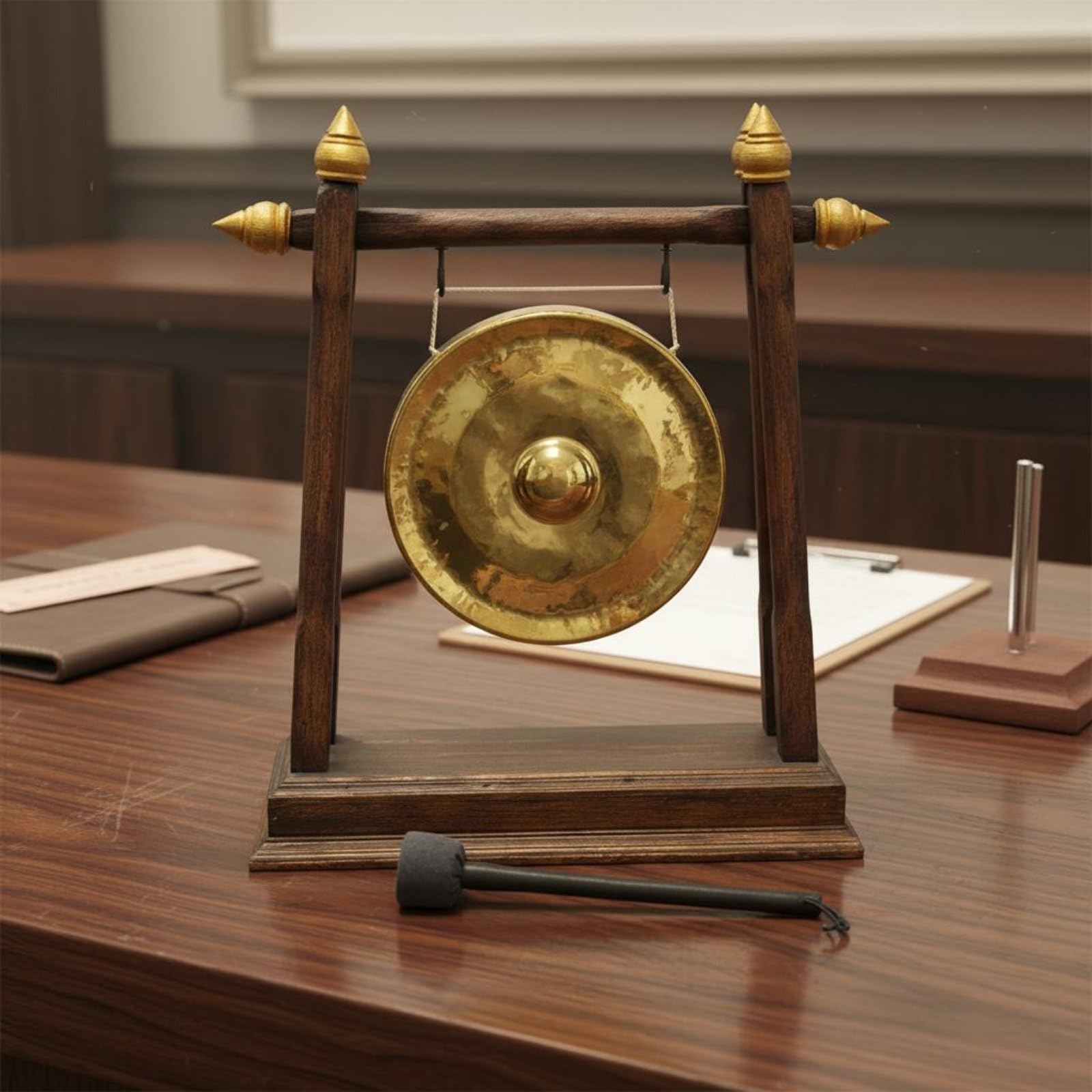 Gong Soporte de Aleación Instrumento de Mesa Ornamento Decorativo de Percusión con Acabado Elegante Adecuado para Relajación Ceremonias Hogar Escenarios, Aleación De Cobre 22CM