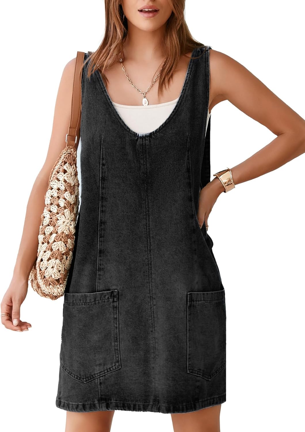 BerryGo Women's Denim V Neck Sleeveless Overall Dress Casual Mini Pinafore Dress Short Jumper Jeans Dress with Pocket