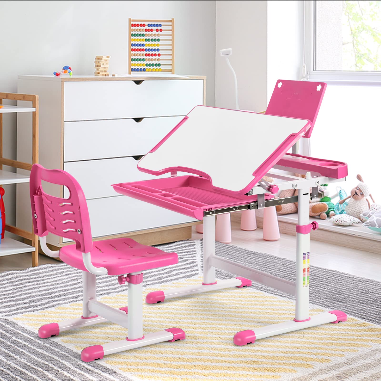 DREAMADE Kinderschreibtisch höhenverstellbar, Schülerschreibtisch neigungsverstellbar, Jugendschreibtisch mit LED-Lampe und Bücherständer, Schreibtisch Set für Kinder mit Stuhl und Schublade (Rosa)