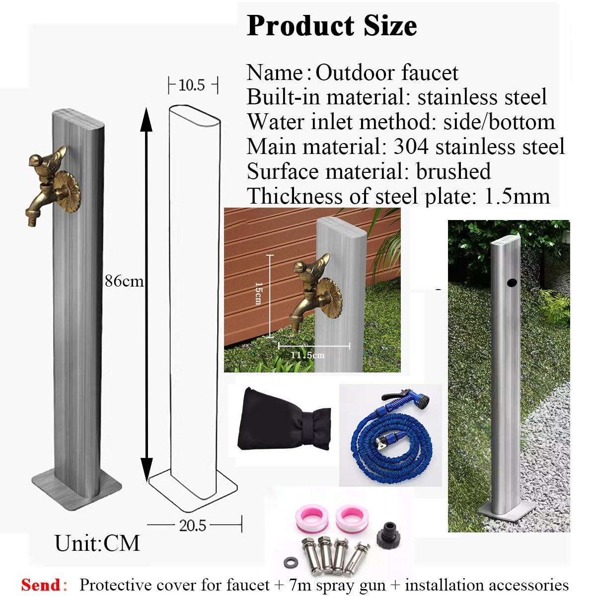 XBTGS Colonna d'acqua da giardino in acciaio inox con rubinetto, supporto per tubo esterno resistente per una facile irrigazione, lavaggio auto e doccia per animali domestici, rubinetto dell'acqua da